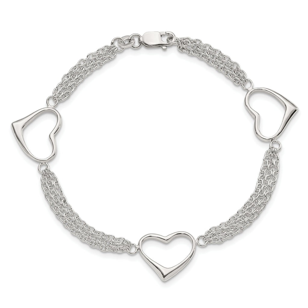 Sterling Silver Polished 3-Station Heart and Chain 7.5 inch Bracelet