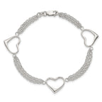 Sterling Silver Polished 3-Station Heart and Chain 7.5 inch Bracelet