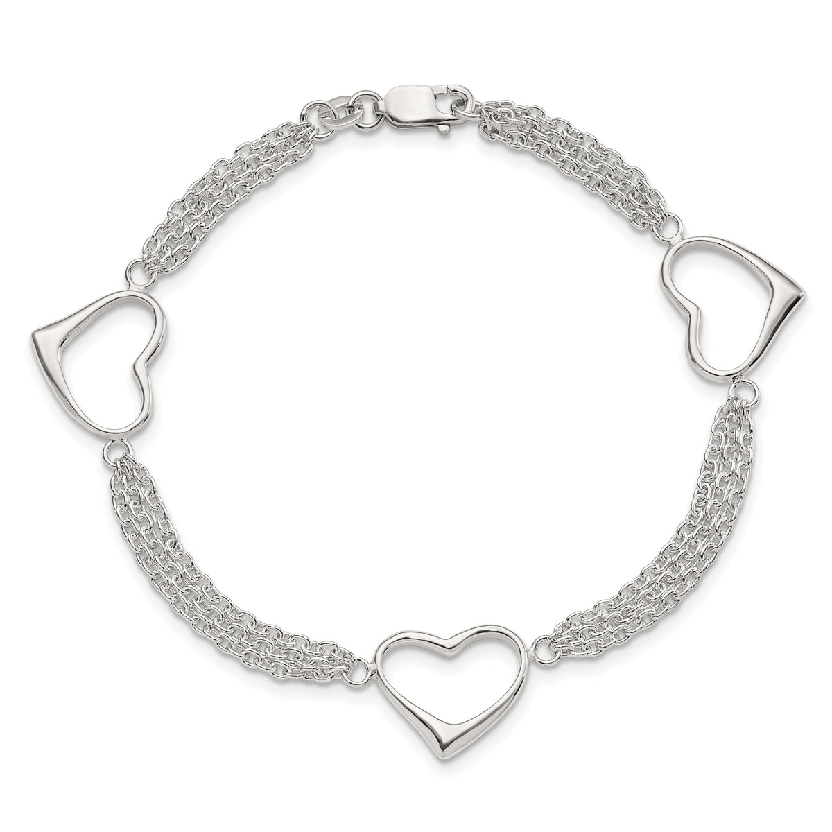 Sterling Silver Polished 3-Station Heart and Chain 7.5 inch Bracelet
