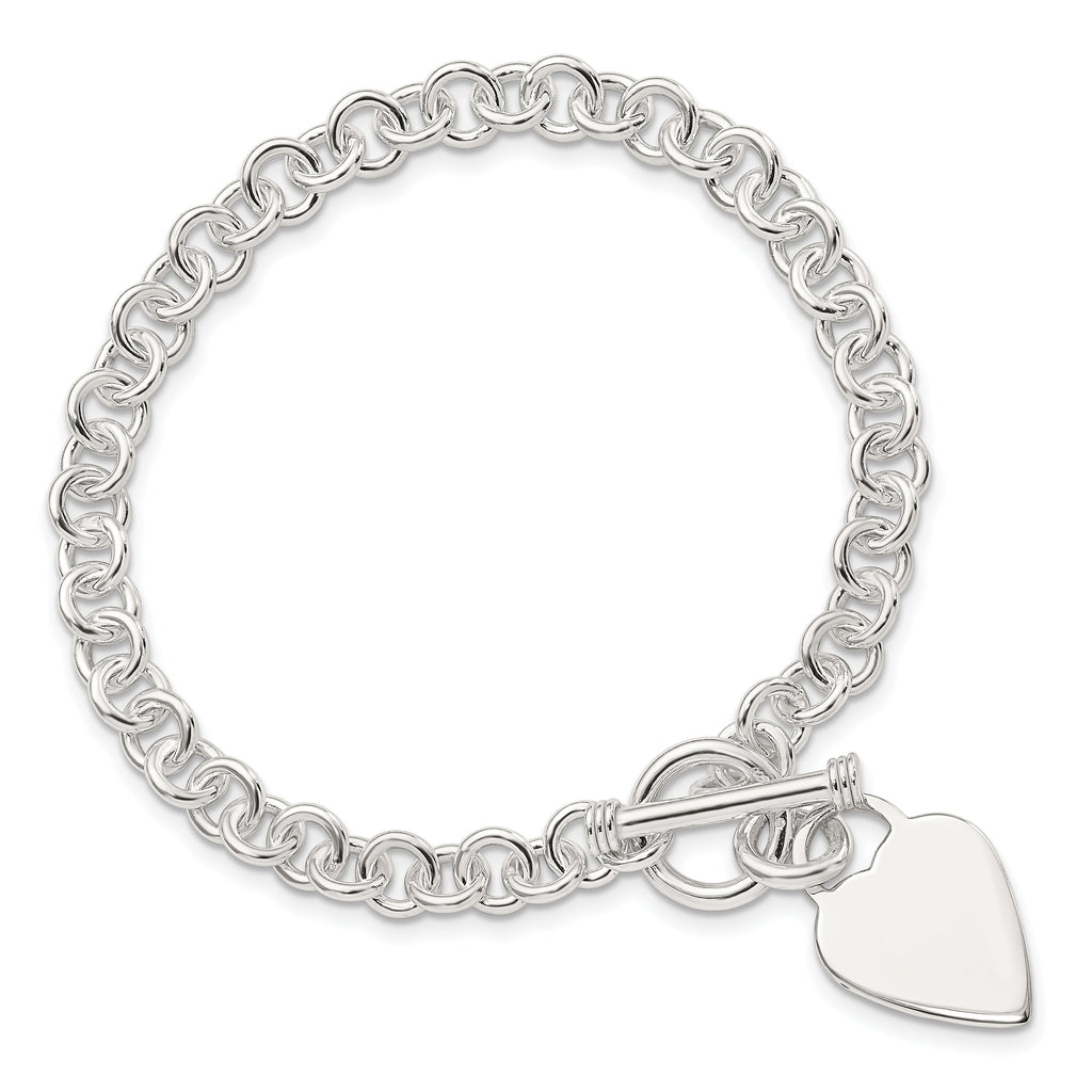Sterling Silver Polished Engravable 16mm Heart Charm Rolo Link 7.5 inch Toggle Bracelet