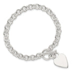 Sterling Silver Polished Engravable 16mm Heart Charm Rolo Link 7.5 inch Toggle Bracelet