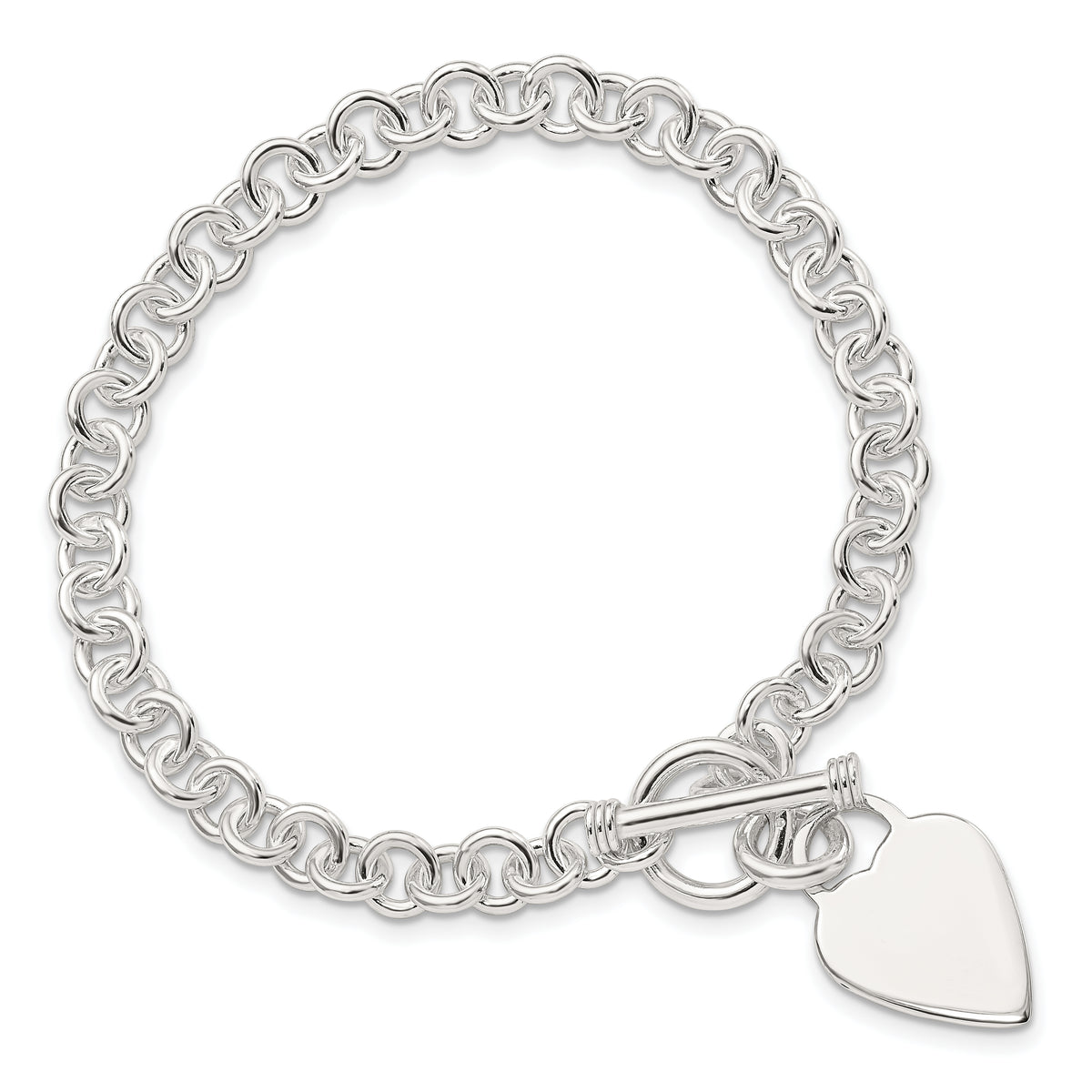 Sterling Silver Polished Engravable 16mm Heart Charm Rolo Link 7.5 inch Toggle Bracelet