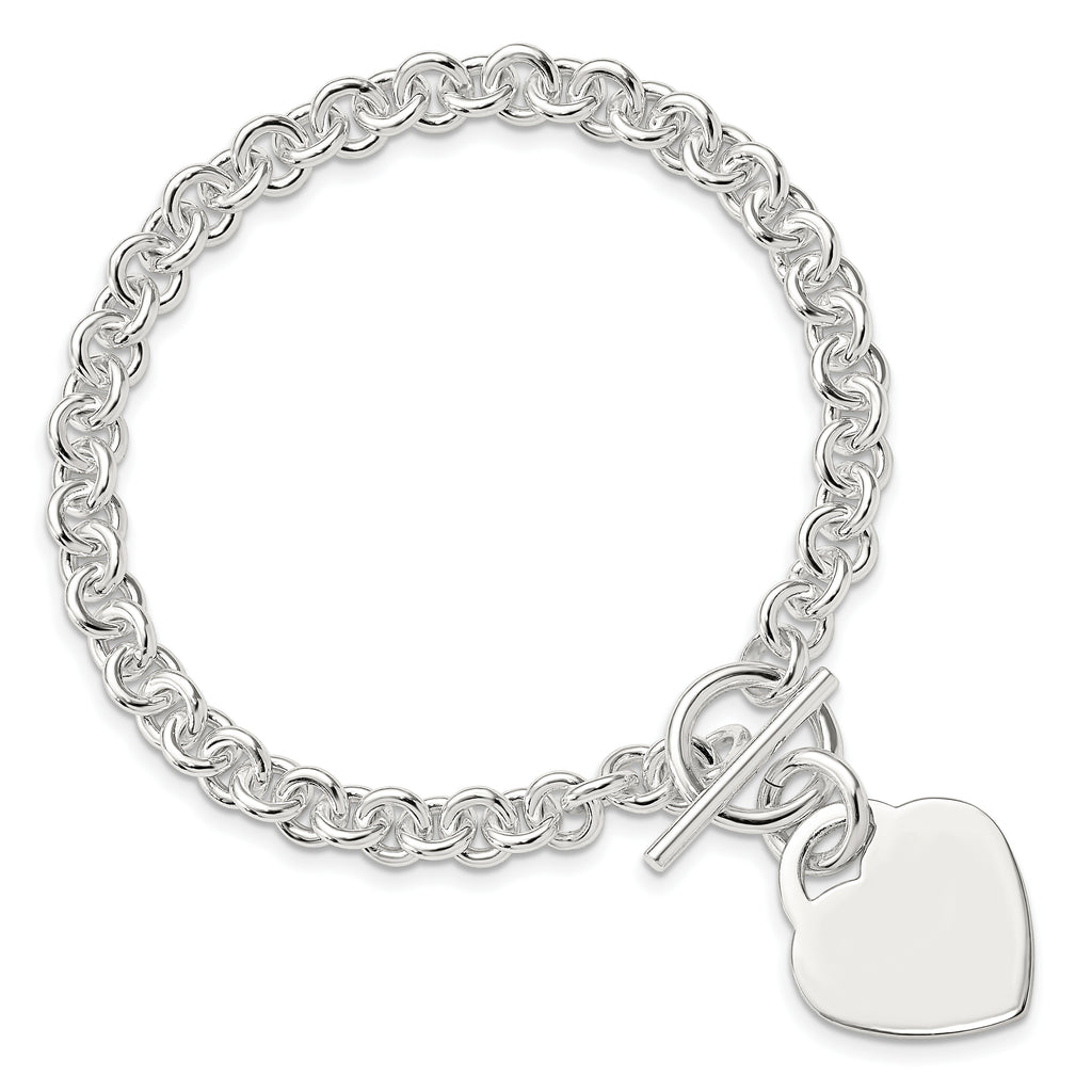 Sterling Silver Polished Engravable 17x19mm Heart Charm Rolo Link 7.5 inch Toggle Bracelet
