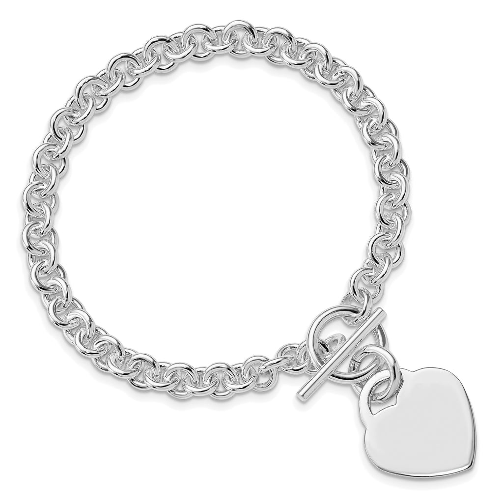 Sterling Silver Rhodium-plated Engravable 17x19mm Heart Charm Rolo Link 7.5 inch Toggle Bracelet