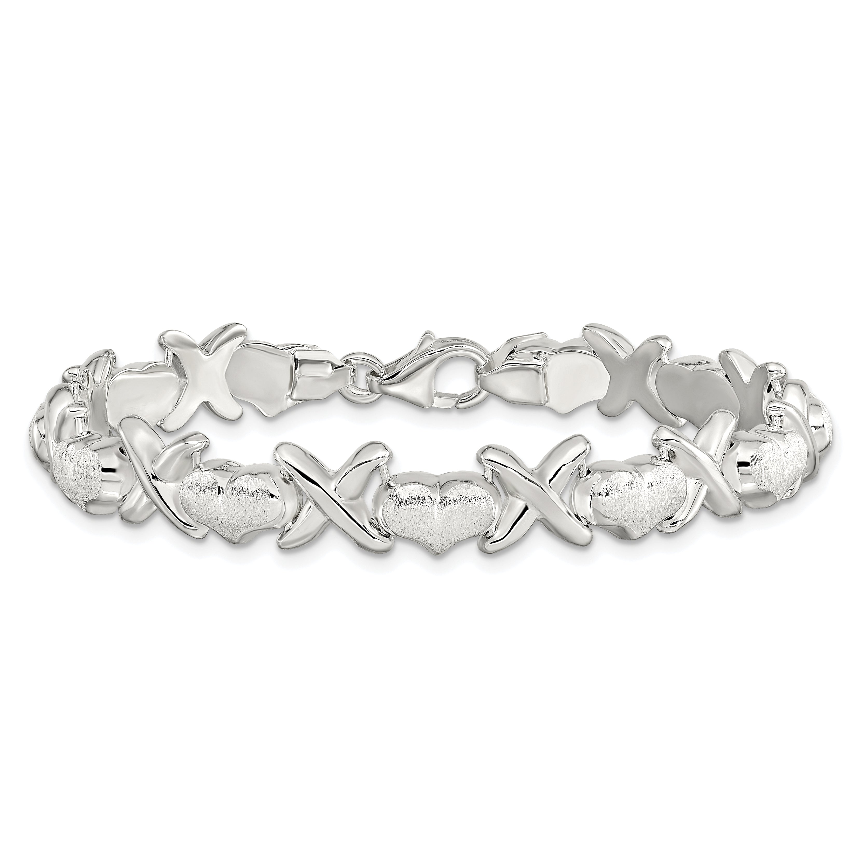 Sterling Silver Polished and Satin X and Hearts Bracelet