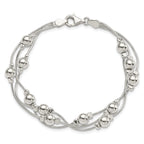 Sterling Silver Polished Beaded 3-Strand Snake Chain 7.5 inch Bracelet
