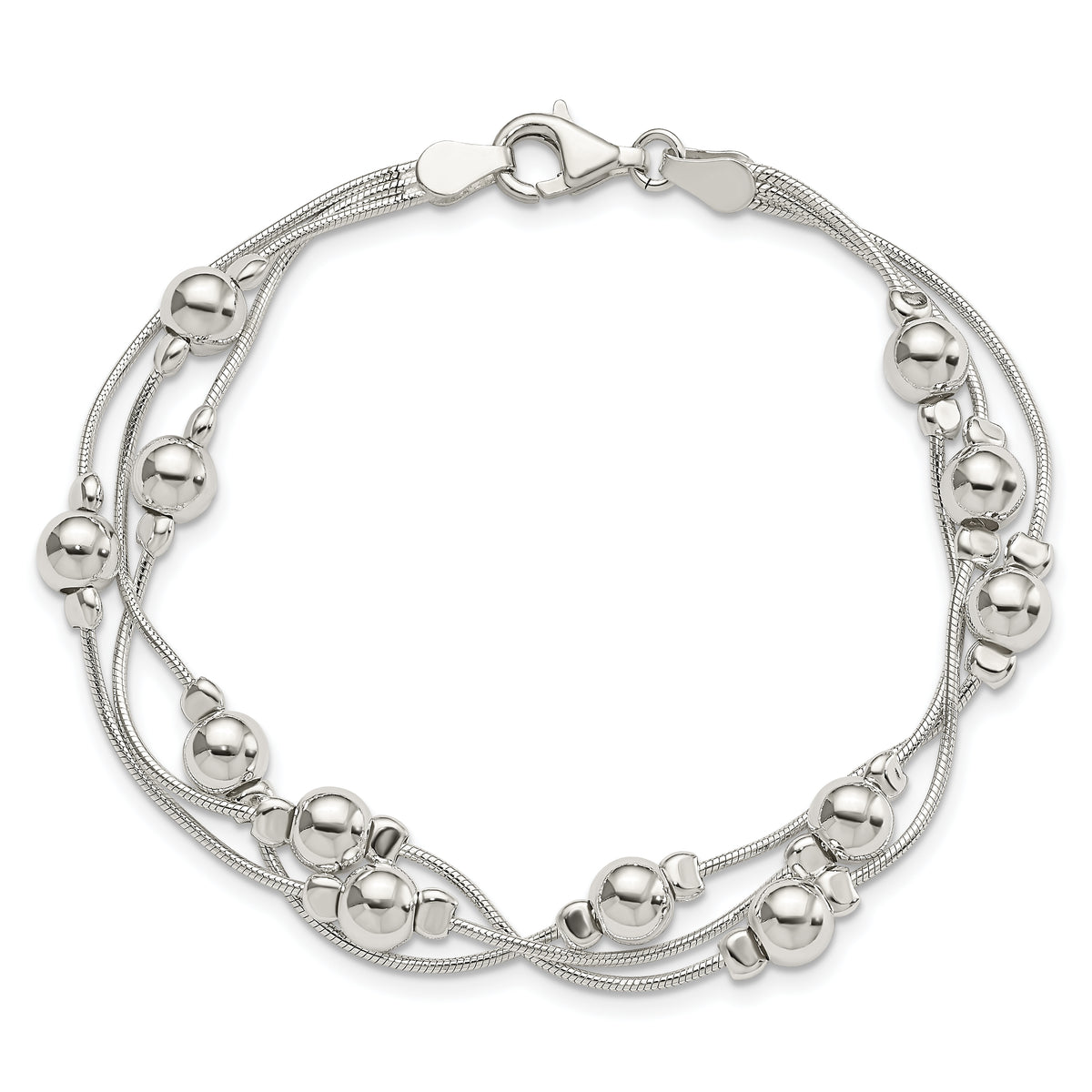 Sterling Silver Polished Beaded 3-Strand Snake Chain 7.5 inch Bracelet