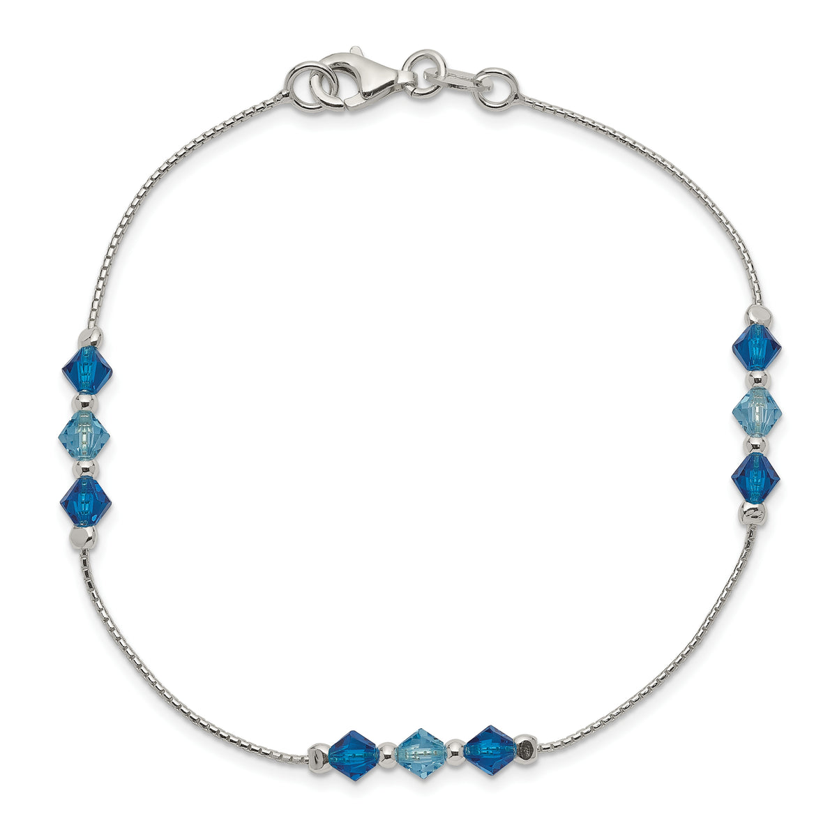 Sterling Silver Polished Aquamarine Capri Blue Glass Bead 7.5 inch Bracelet