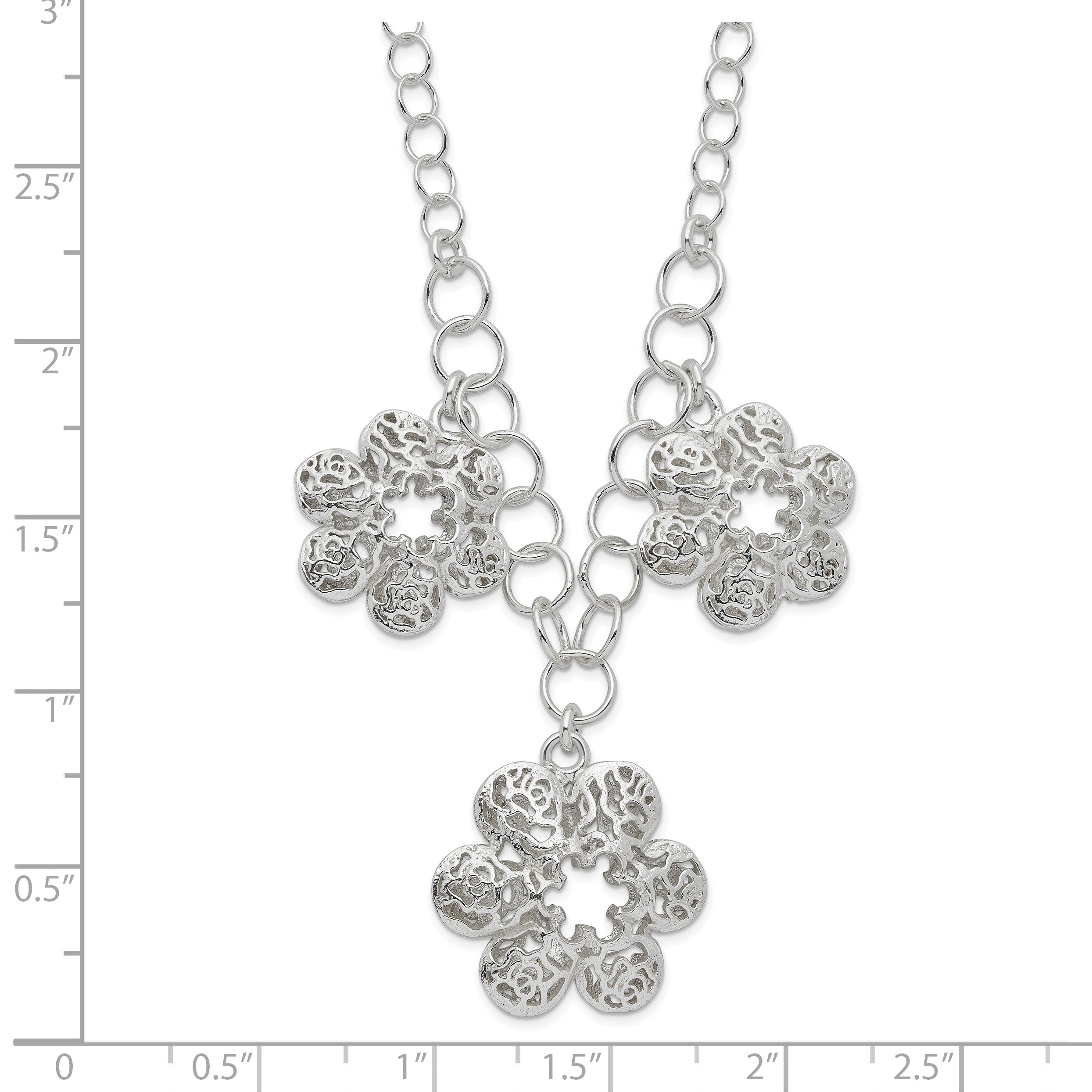 Sterling Silver Polished Filigree Flower With  2in ext Necklace