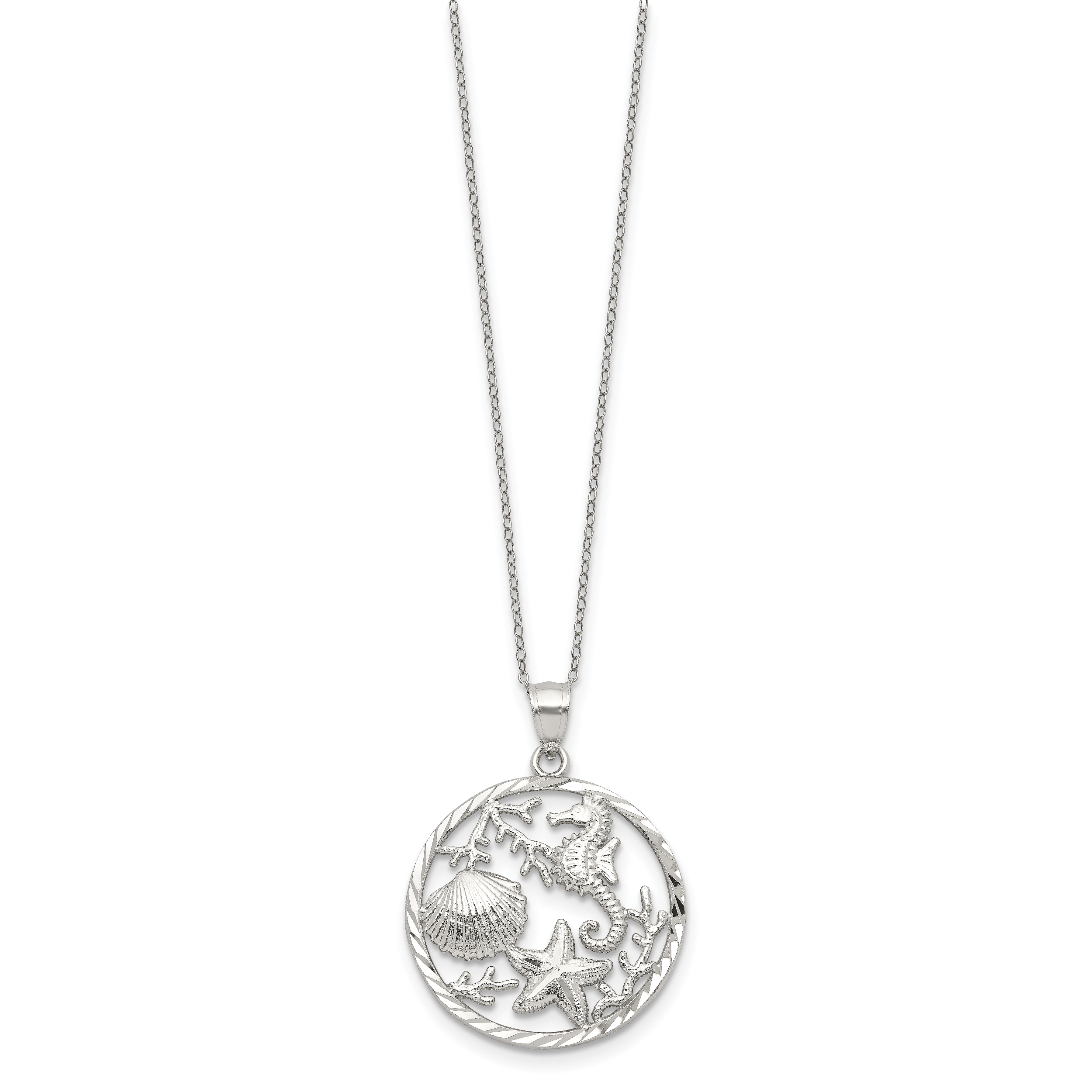 Sterling Silver Rhodium-plated Seahorse, Starfish and Shell Pendant