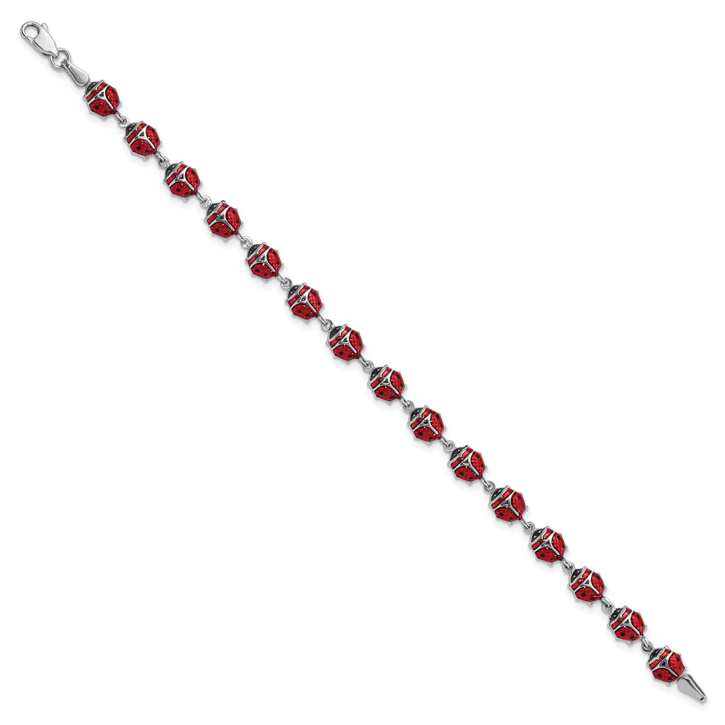 Sterling Silver Rhodium Polished Enameled Lady Bug Bracelet