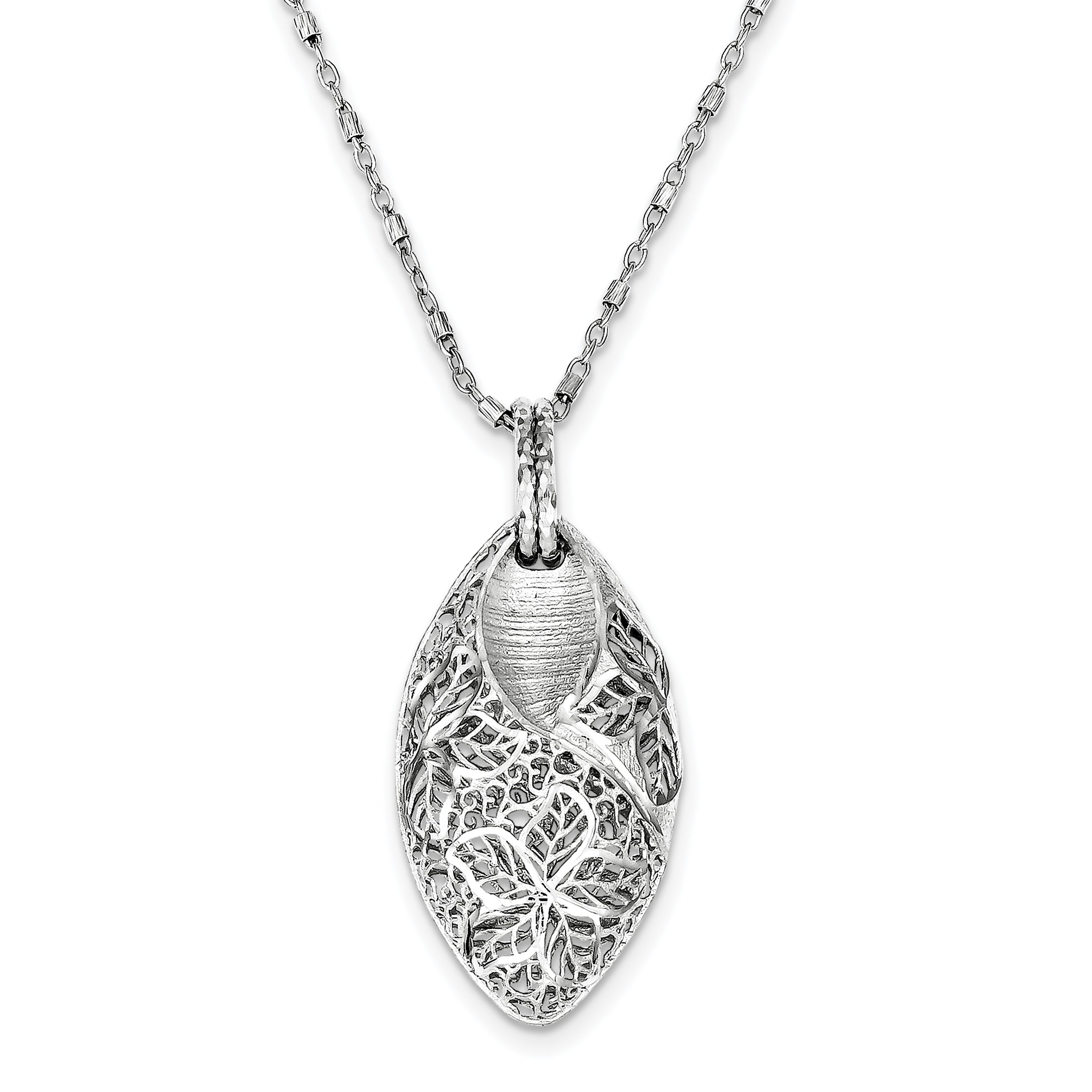 Sterling Silver Rhodium Plated Flower & Leaves With  2in ext. Necklace