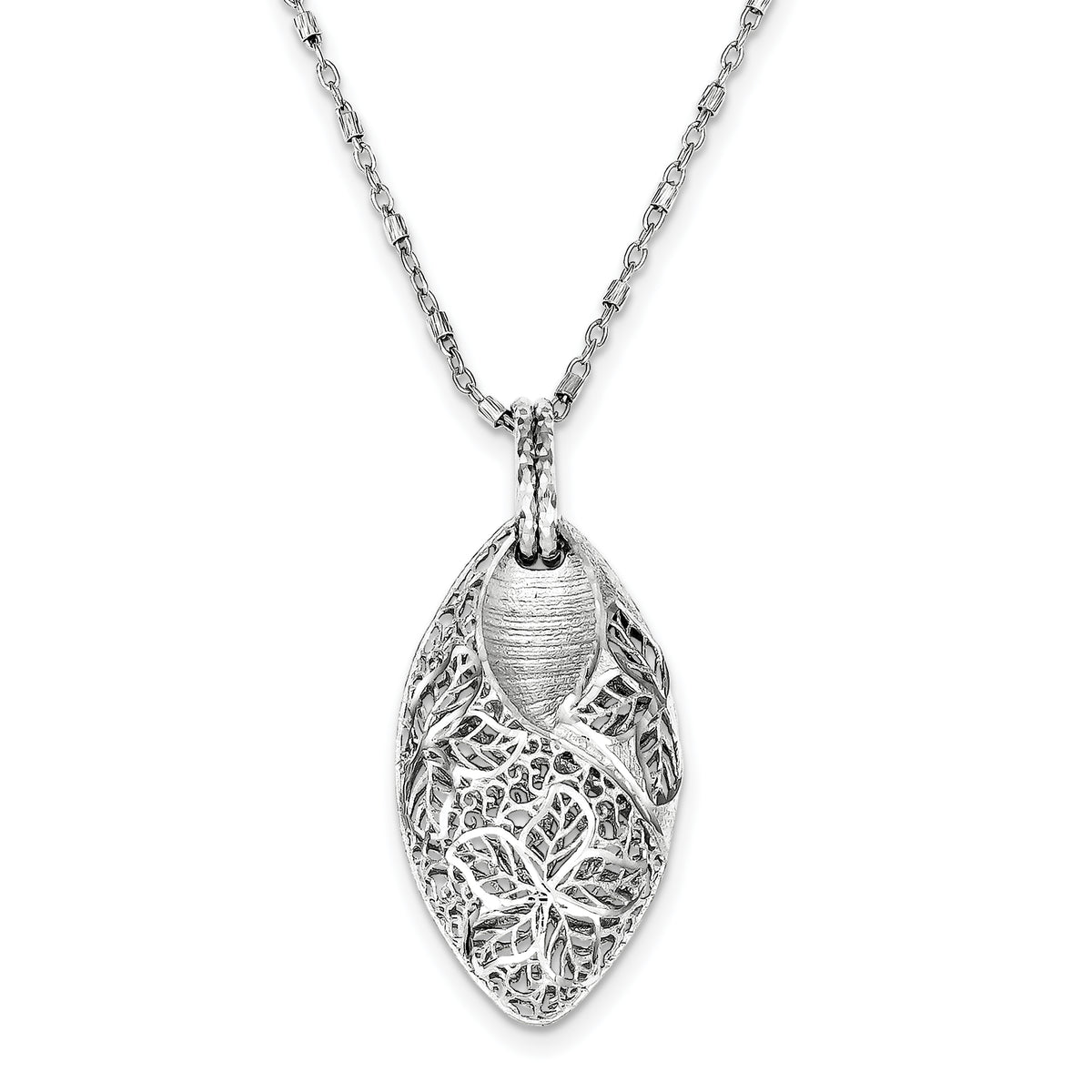 Sterling Silver Rhodium Plated Flower & Leaves With  2in ext. Necklace