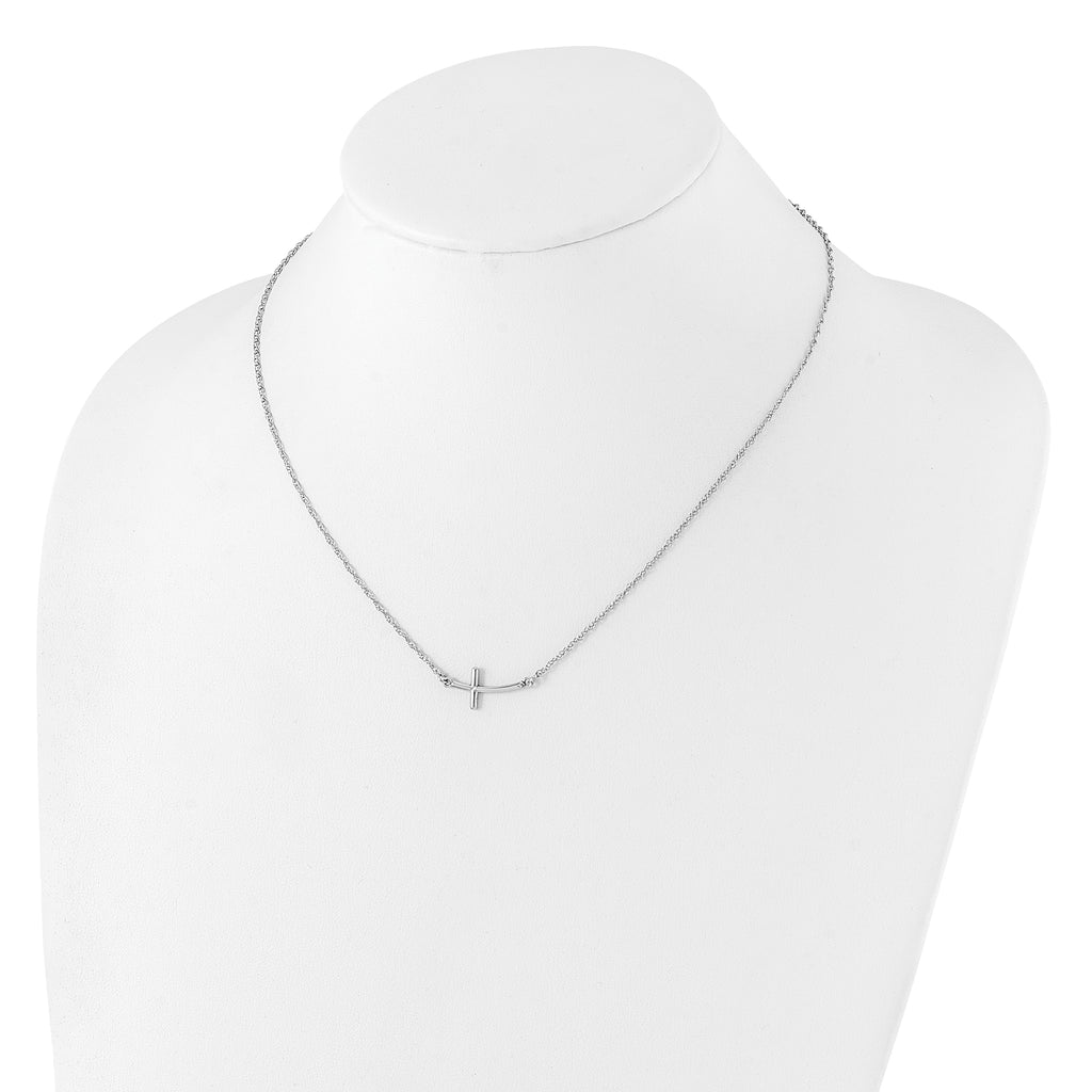Sterling Silver Rhodium-plated Small Sideways Curved Cross Necklace