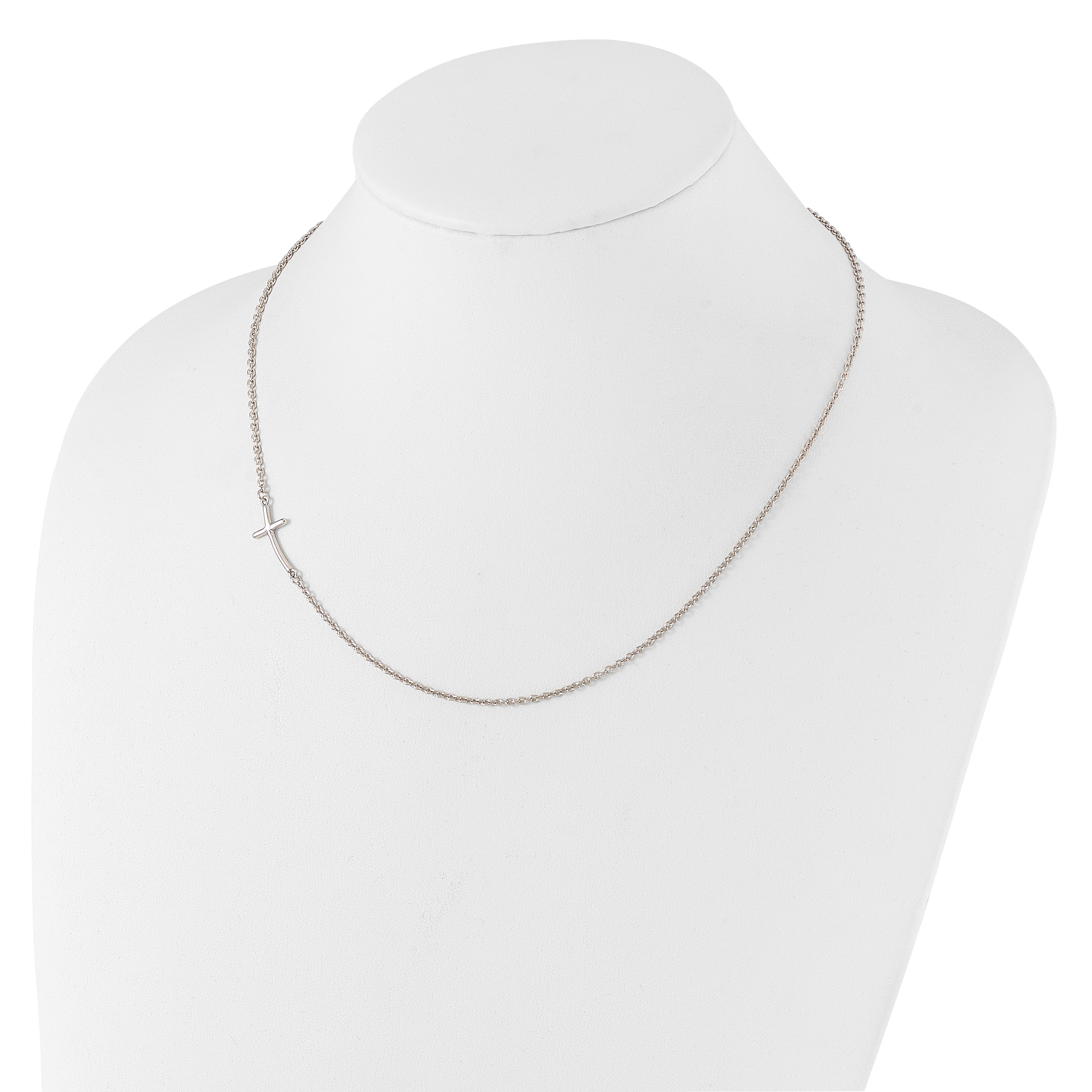 Sterling Silver Rh-plated Small Off-Set Sideways Curved Cross Necklace