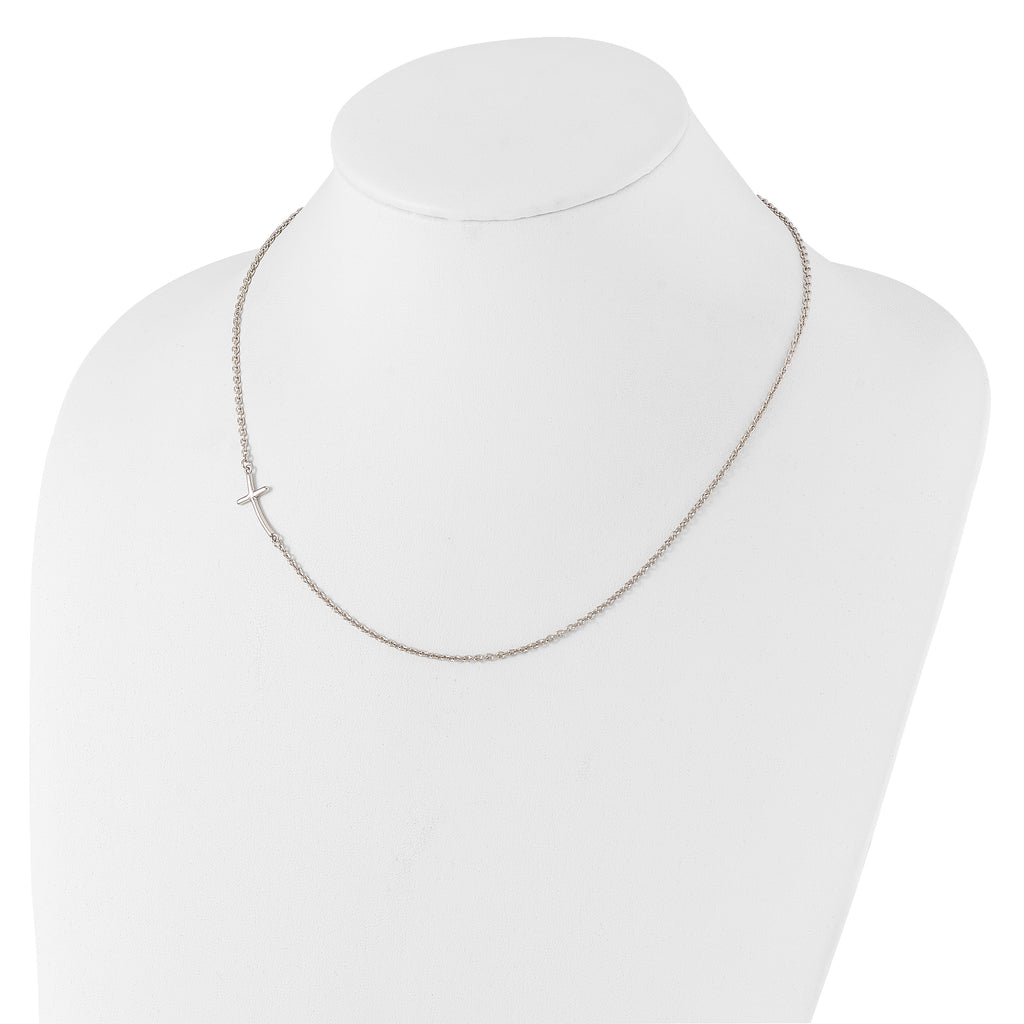 Sterling Silver Rh-plated Small Off-Set Sideways Curved Cross Necklace