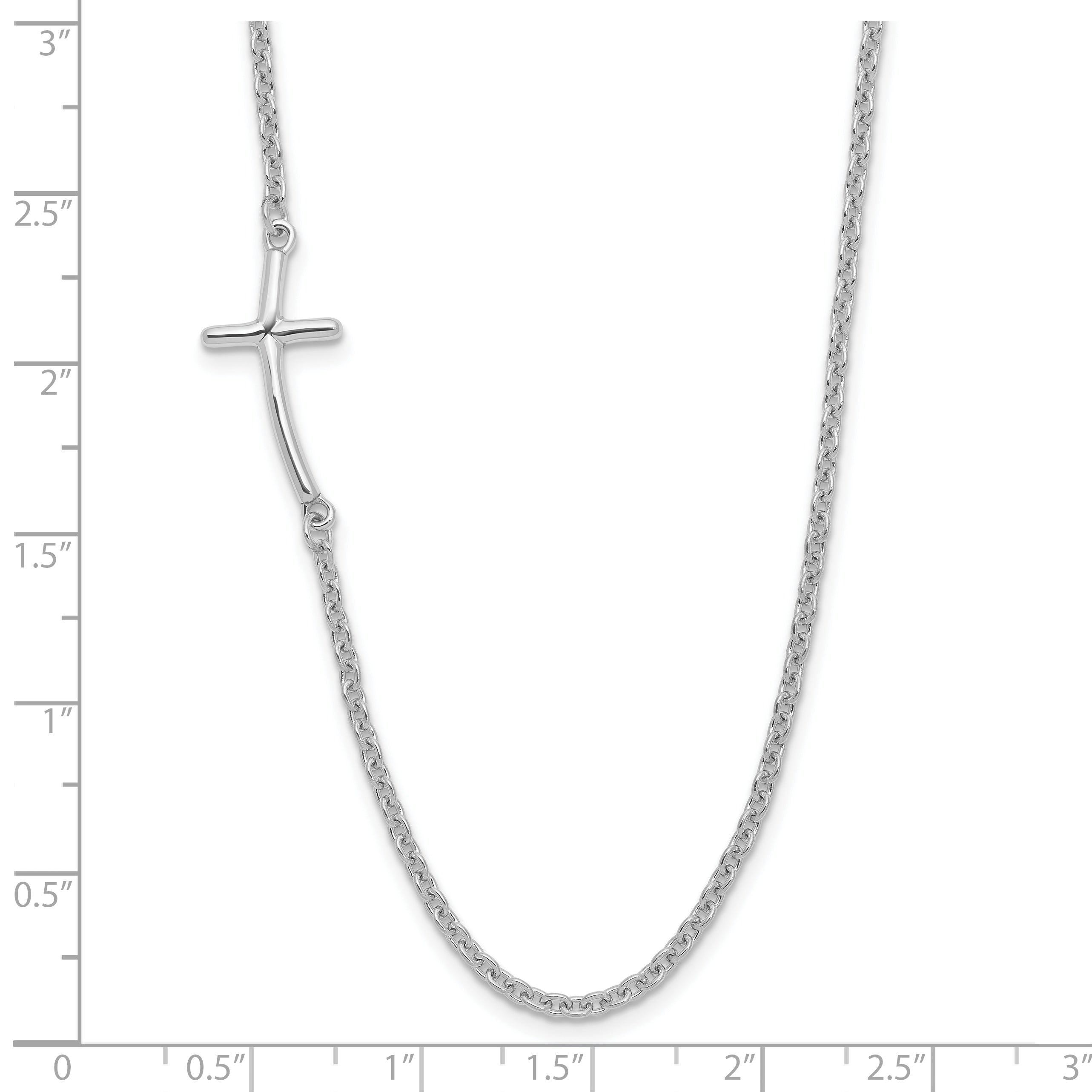 Sterling Silver Rh-plated Small Off-Set Sideways Curved Cross Necklace