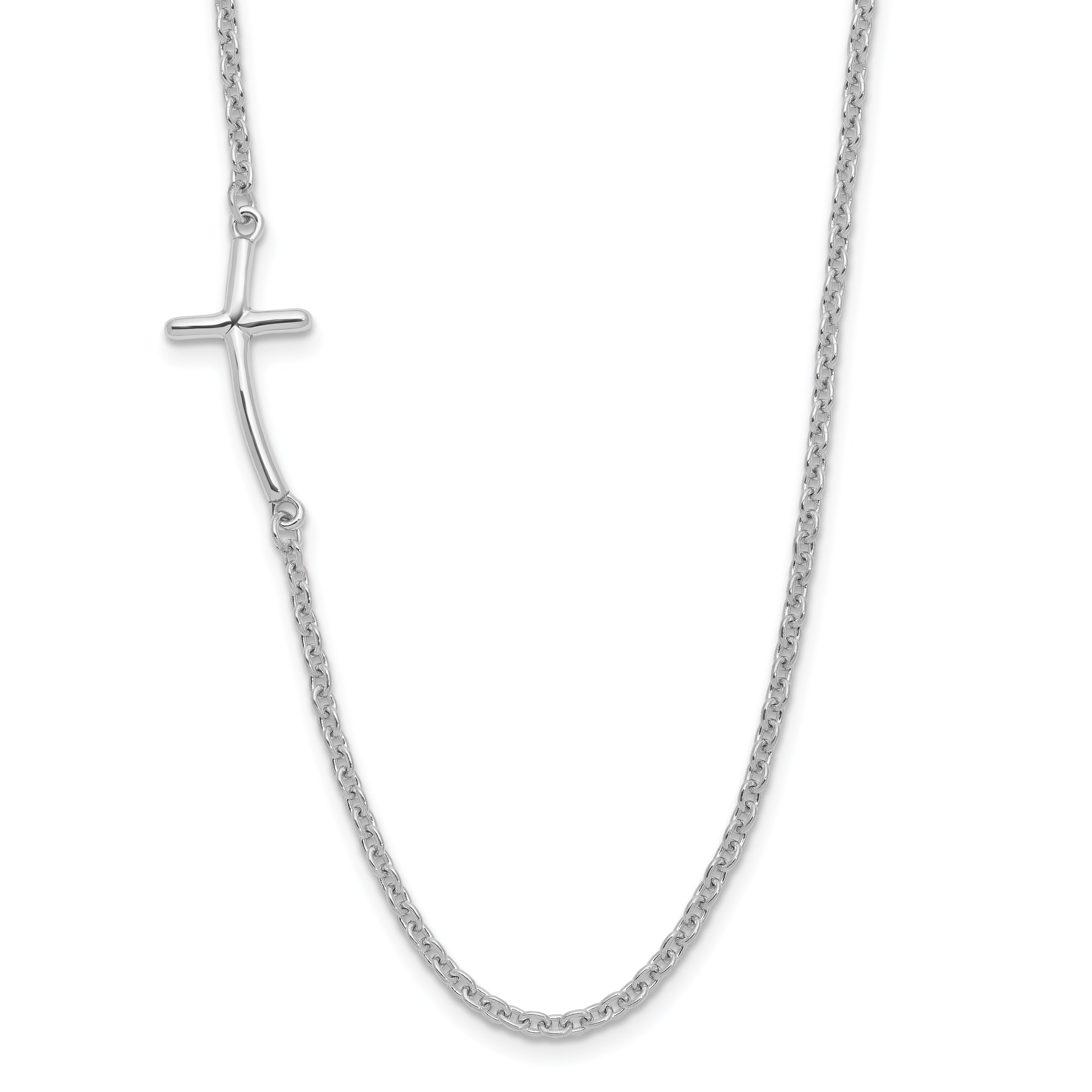Sterling Silver Rh-plated Small Off-Set Sideways Curved Cross Necklace