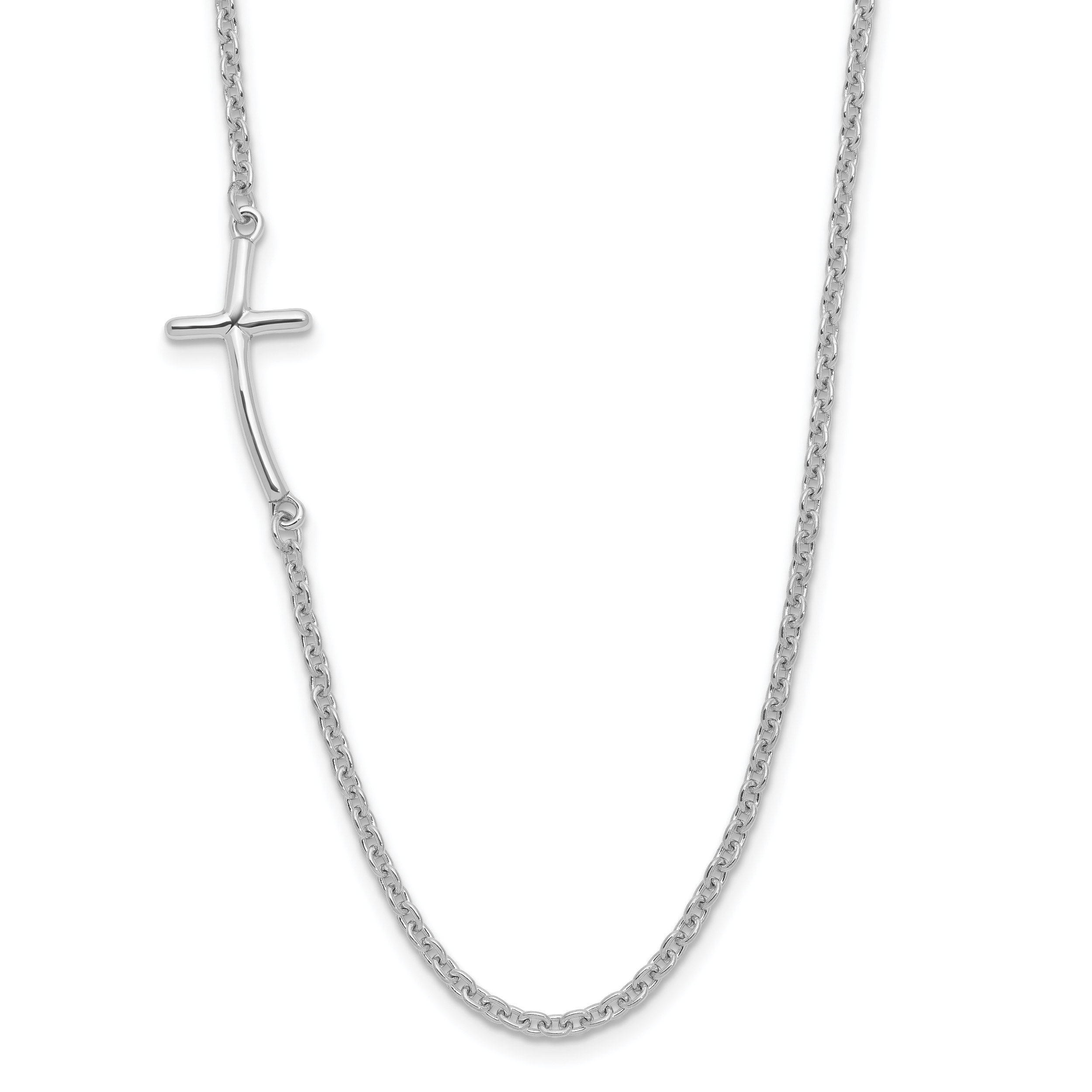 Sterling Silver Rh-plated Small Off-Set Sideways Curved Cross Necklace Main image