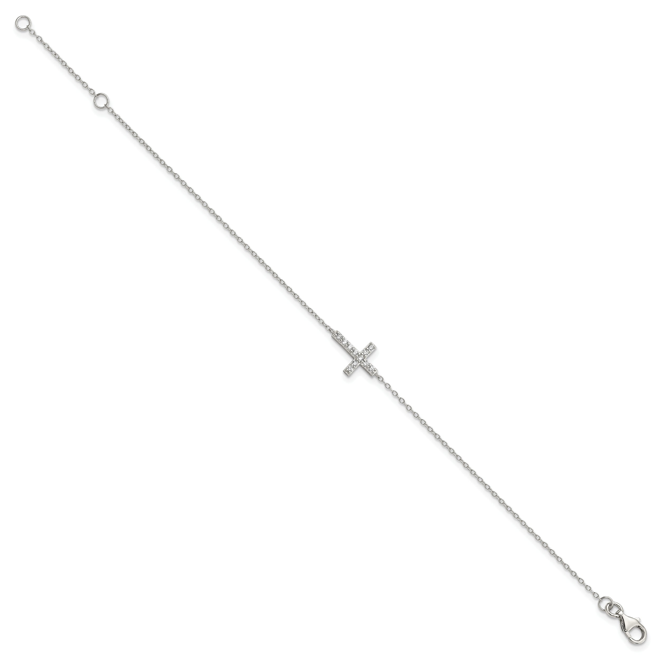 Sterling Silver Rhodium-plated CZ Sideways Cross With 1in Ext Bracelet