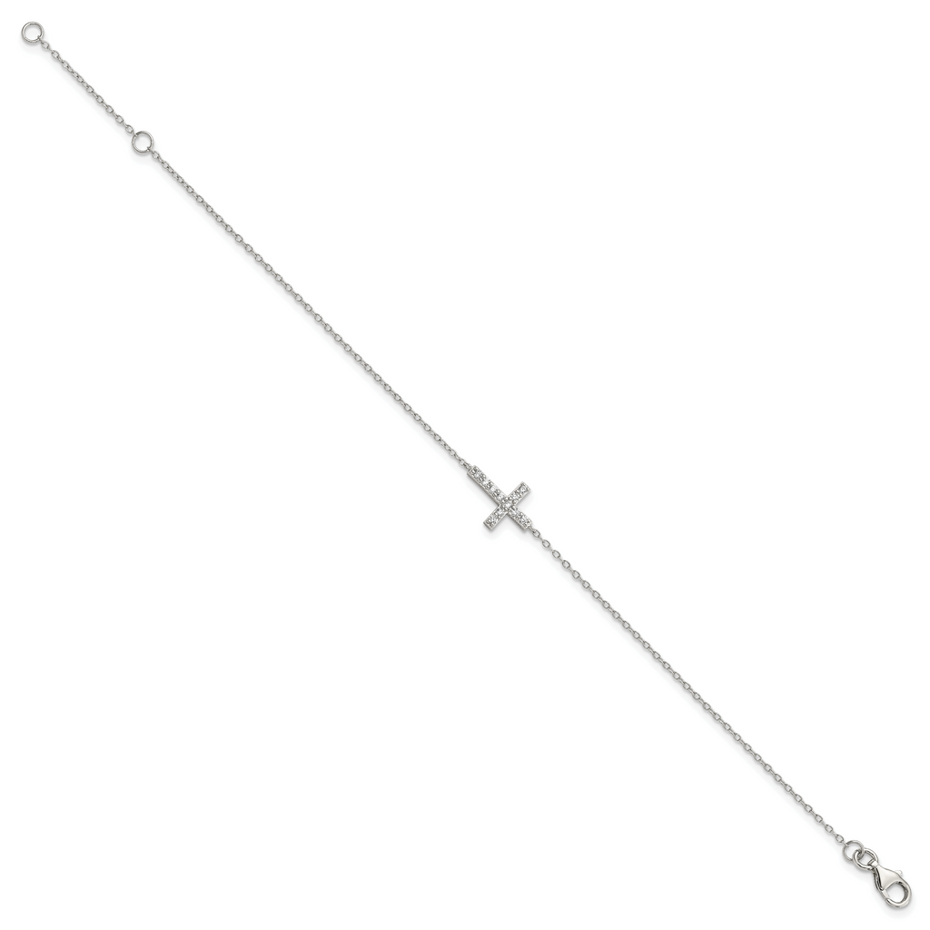 Sterling Silver Rhodium-plated CZ Sideways Cross With 1in Ext Bracelet
