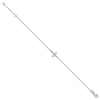 Sterling Silver Rhodium-plated CZ Sideways Cross With 1in Ext Bracelet
