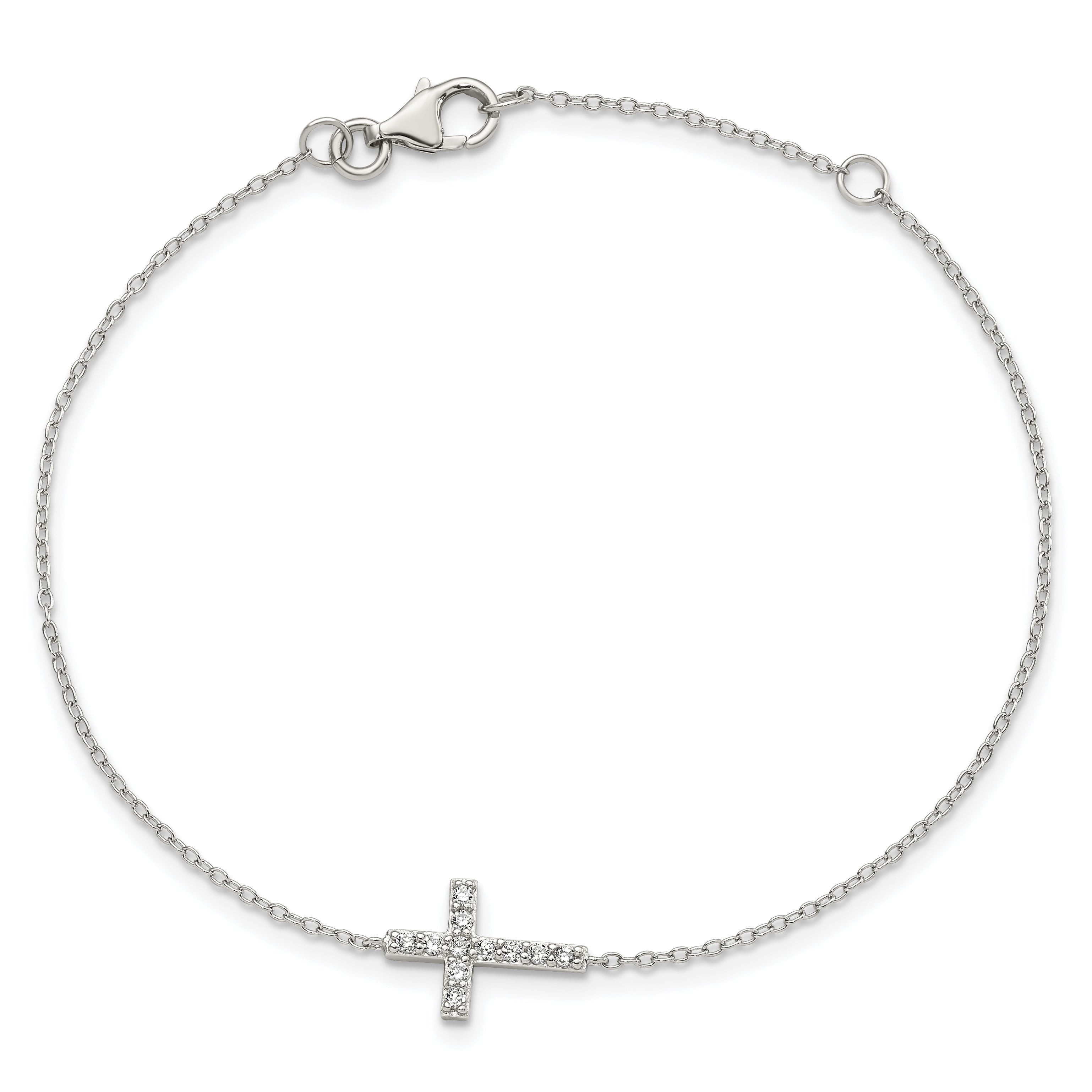 Sterling Silver Rhodium-plated CZ Sideways Cross With 1in Ext Bracelet