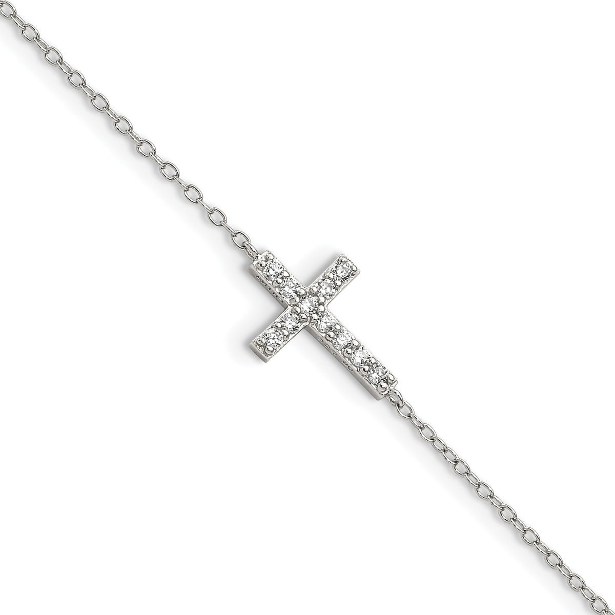 Sterling Silver Rhodium-plated CZ Sideways Cross With 1in Ext Bracelet
