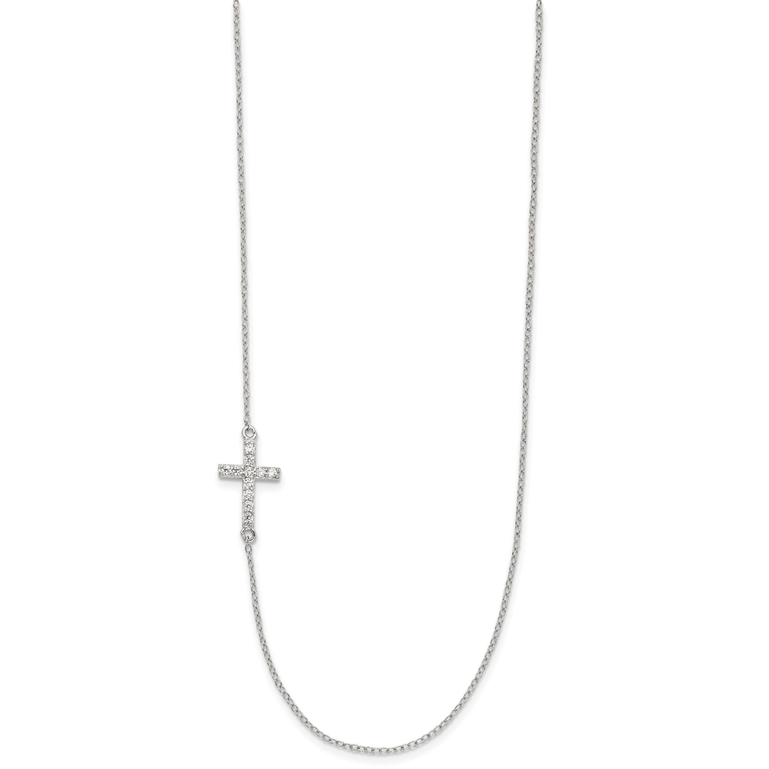 Sterling Silver Rhod-pltd CZ Offset Sideways Cross With 2in Ext Necklace Secondary image