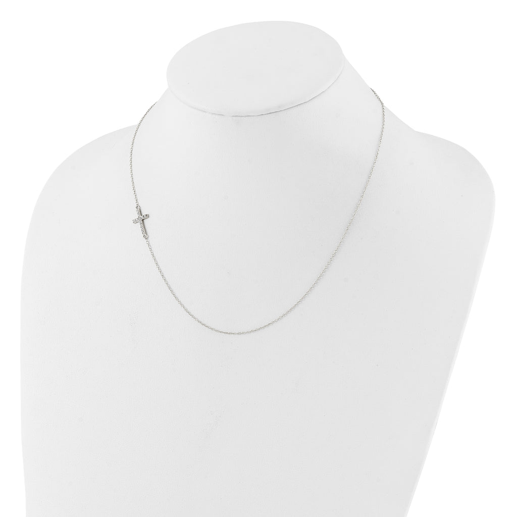 Sterling Silver Rhod-pltd CZ Offset Sideways Cross With 2in Ext Necklace
