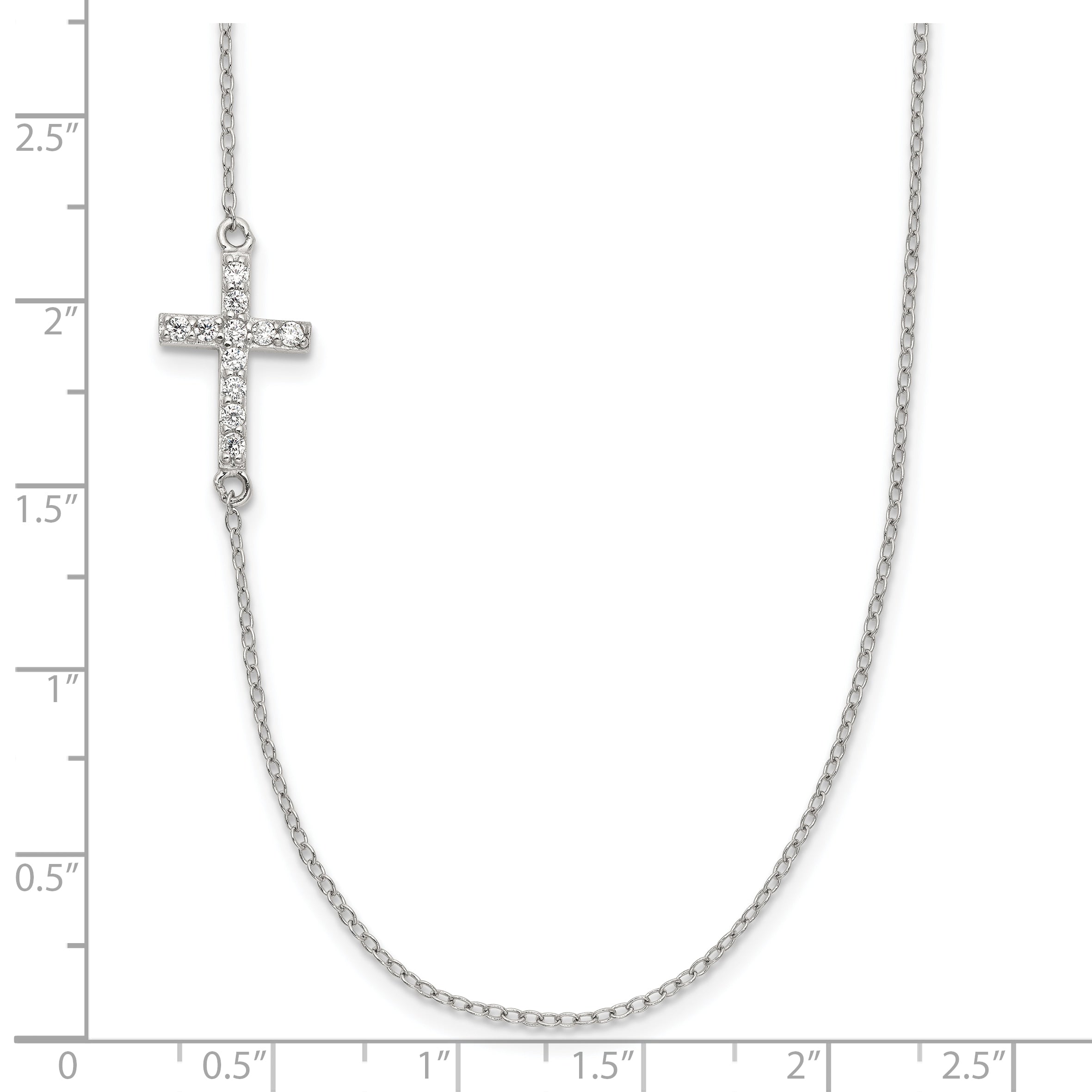 Sterling Silver Rhod-pltd CZ Offset Sideways Cross With 2in Ext Necklace