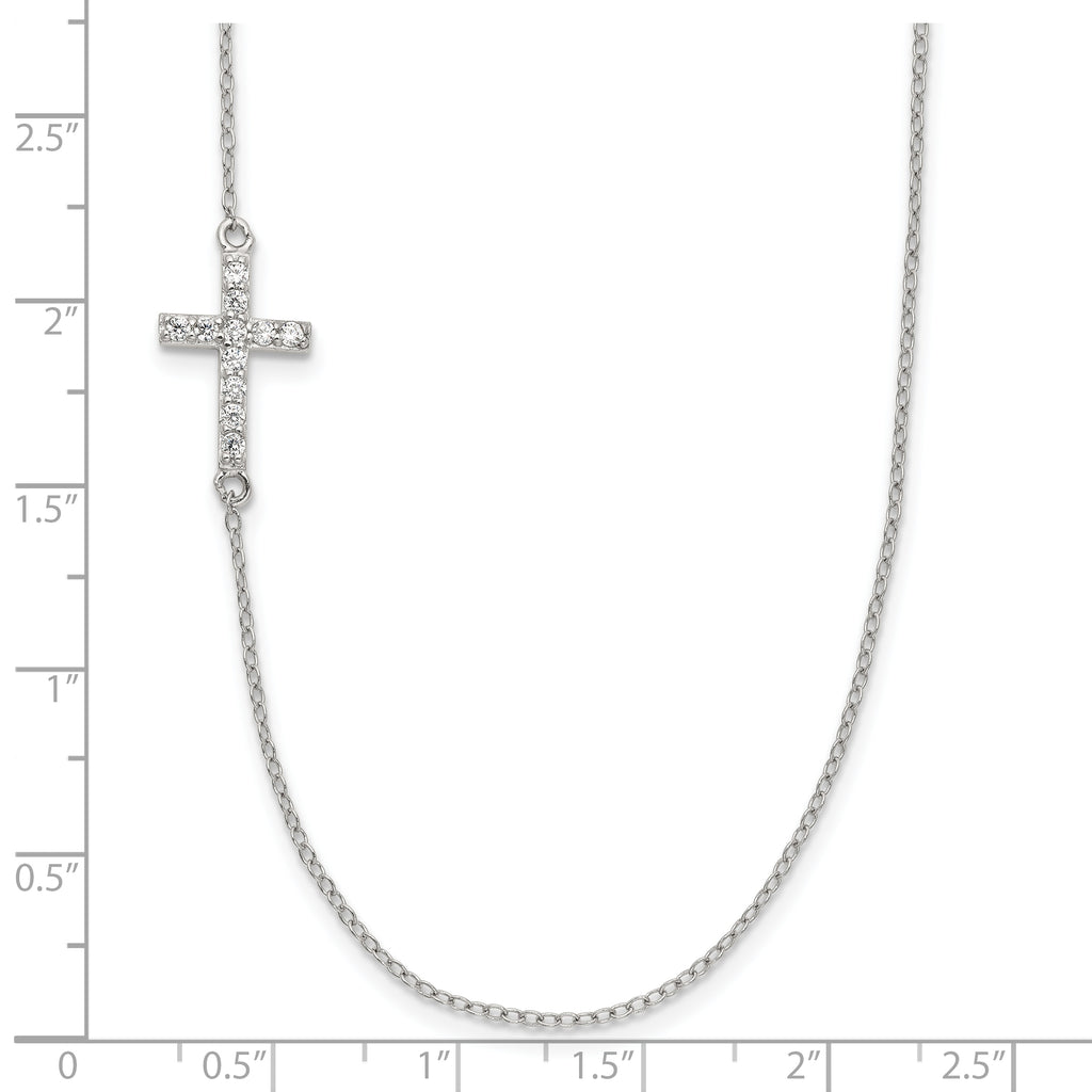 Sterling Silver Rhod-pltd CZ Offset Sideways Cross With 2in Ext Necklace