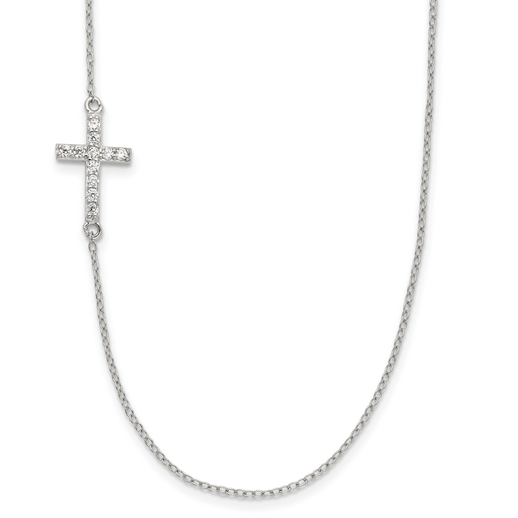 Sterling Silver Rhod-pltd CZ Offset Sideways Cross With 2in Ext Necklace