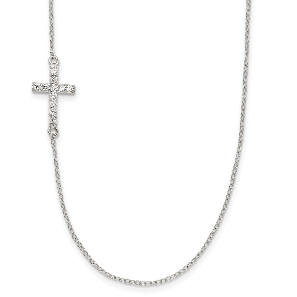 Sterling Silver Rhod-pltd CZ Offset Sideways Cross with 2in Ext Necklace - Sophia Jewelers Main image