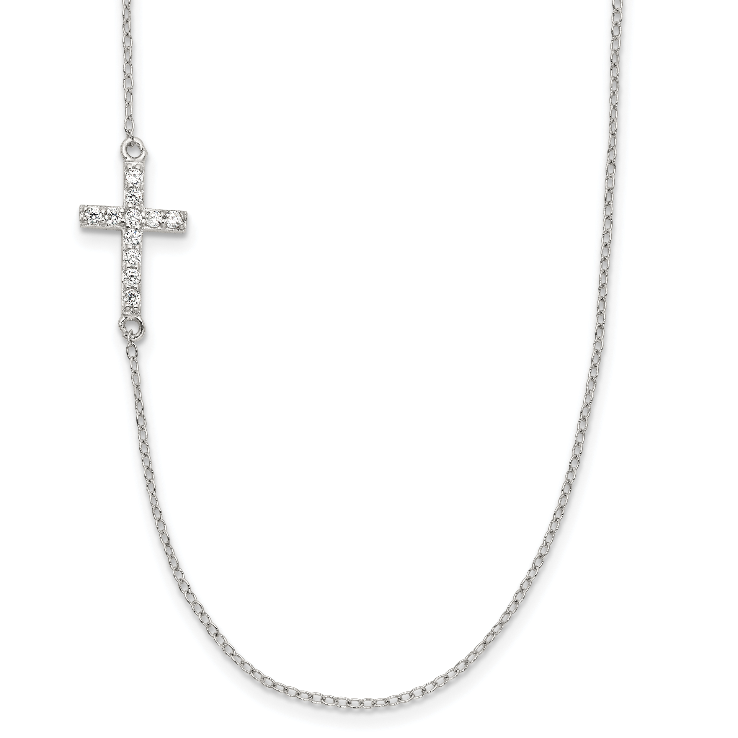 Sterling Silver Rhod-pltd CZ Offset Sideways Cross With 2in Ext Necklace Main image
