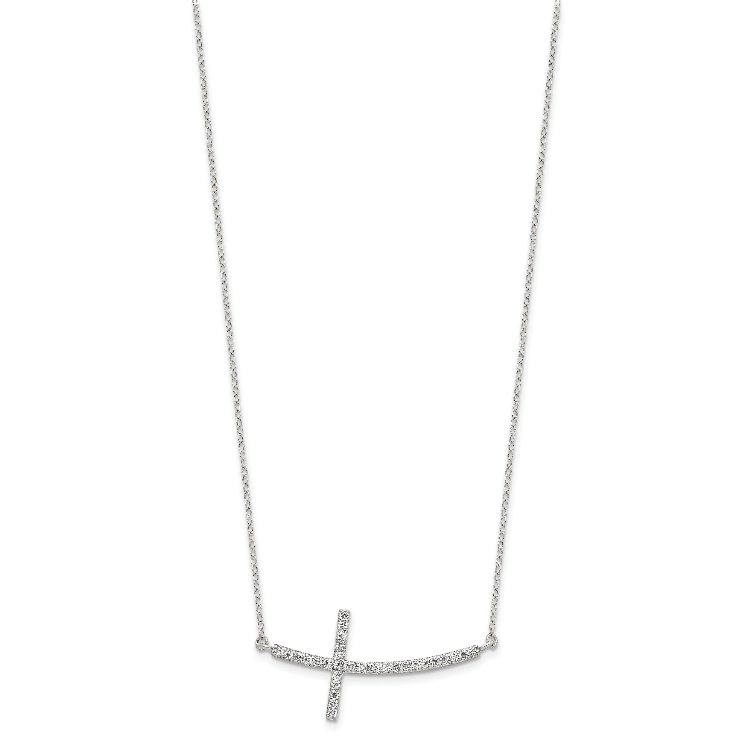 Sterling Silver Rhodium-plated CZ Sideways Cross With 2in Ext Necklace