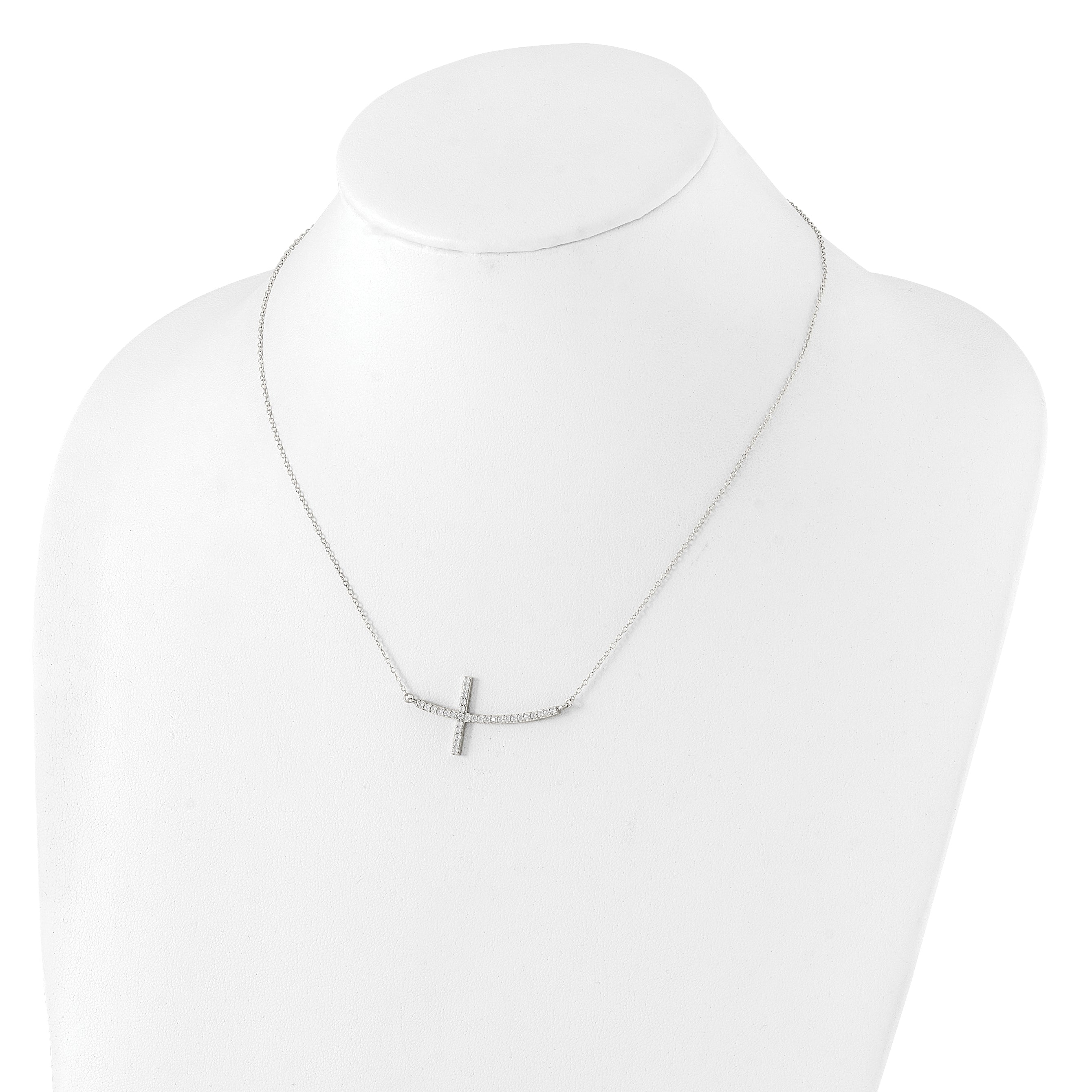 Sterling Silver Rhodium-plated CZ Sideways Cross With 2in Ext Necklace