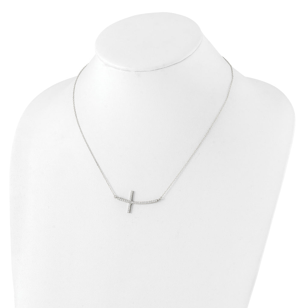 Sterling Silver Rhodium-plated CZ Sideways Cross With 2in Ext Necklace