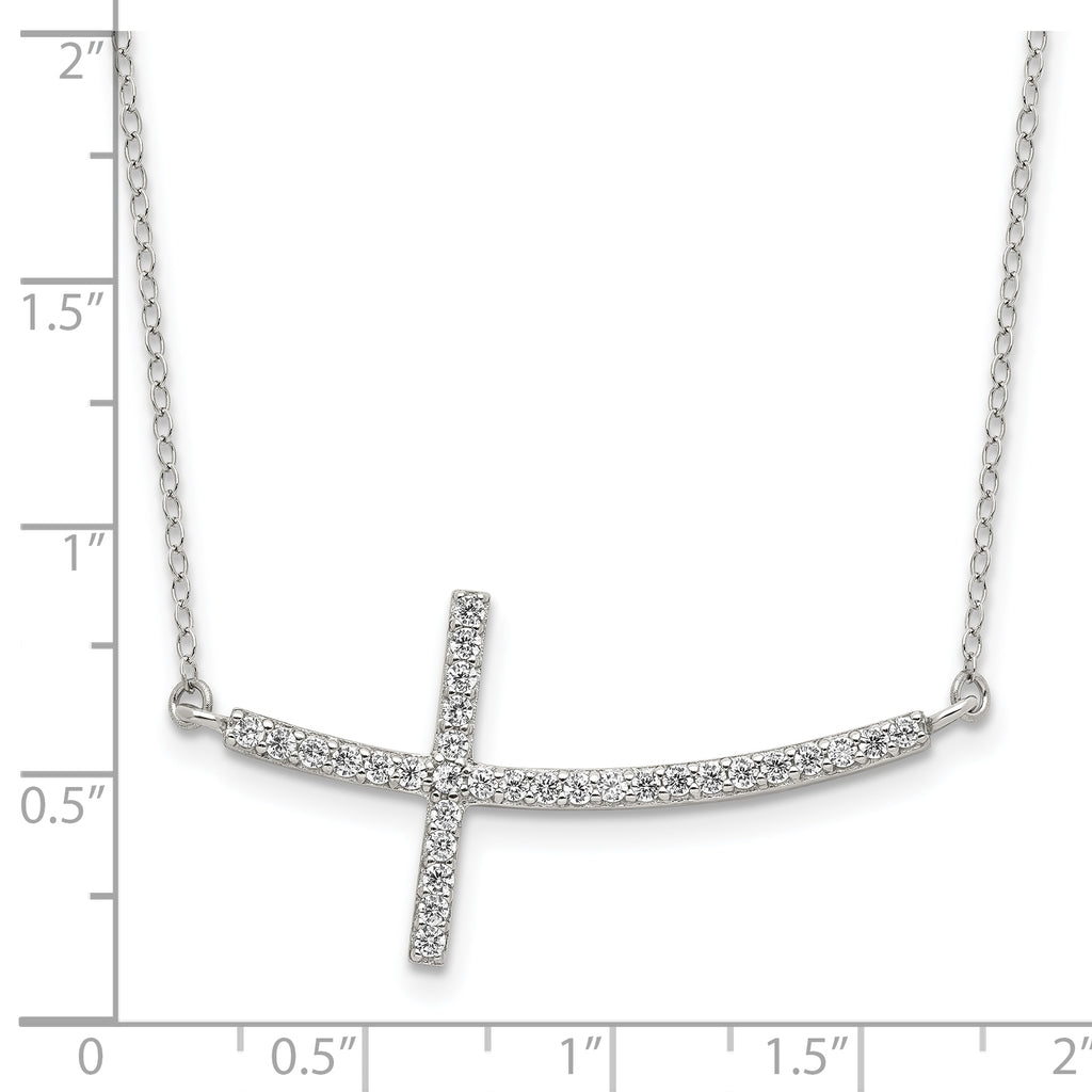 Sterling Silver Rhodium-plated CZ Sideways Cross With 2in Ext Necklace
