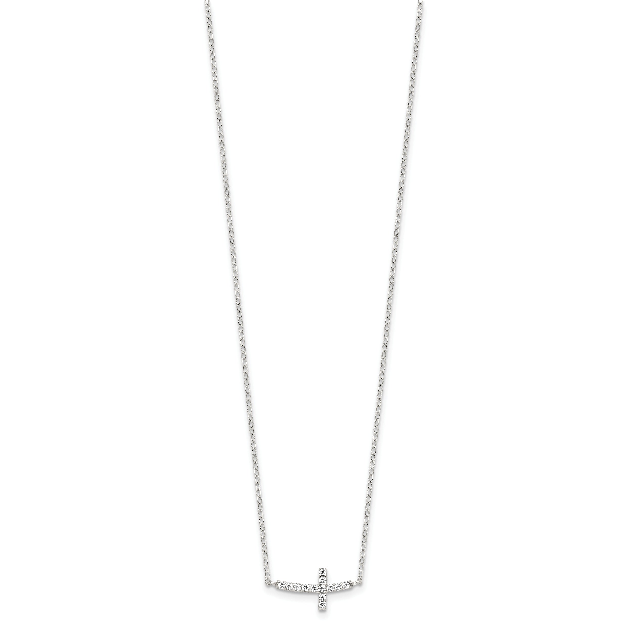 Sterling Silver Rhodium-plated CZ Sideways Cross With 2in Ext Necklace