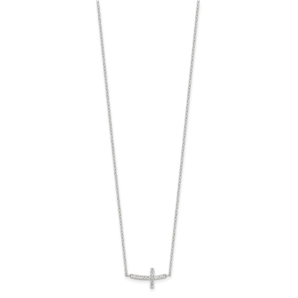 Sterling Silver Rhodium-plated CZ Sideways Cross With 2in Ext Necklace