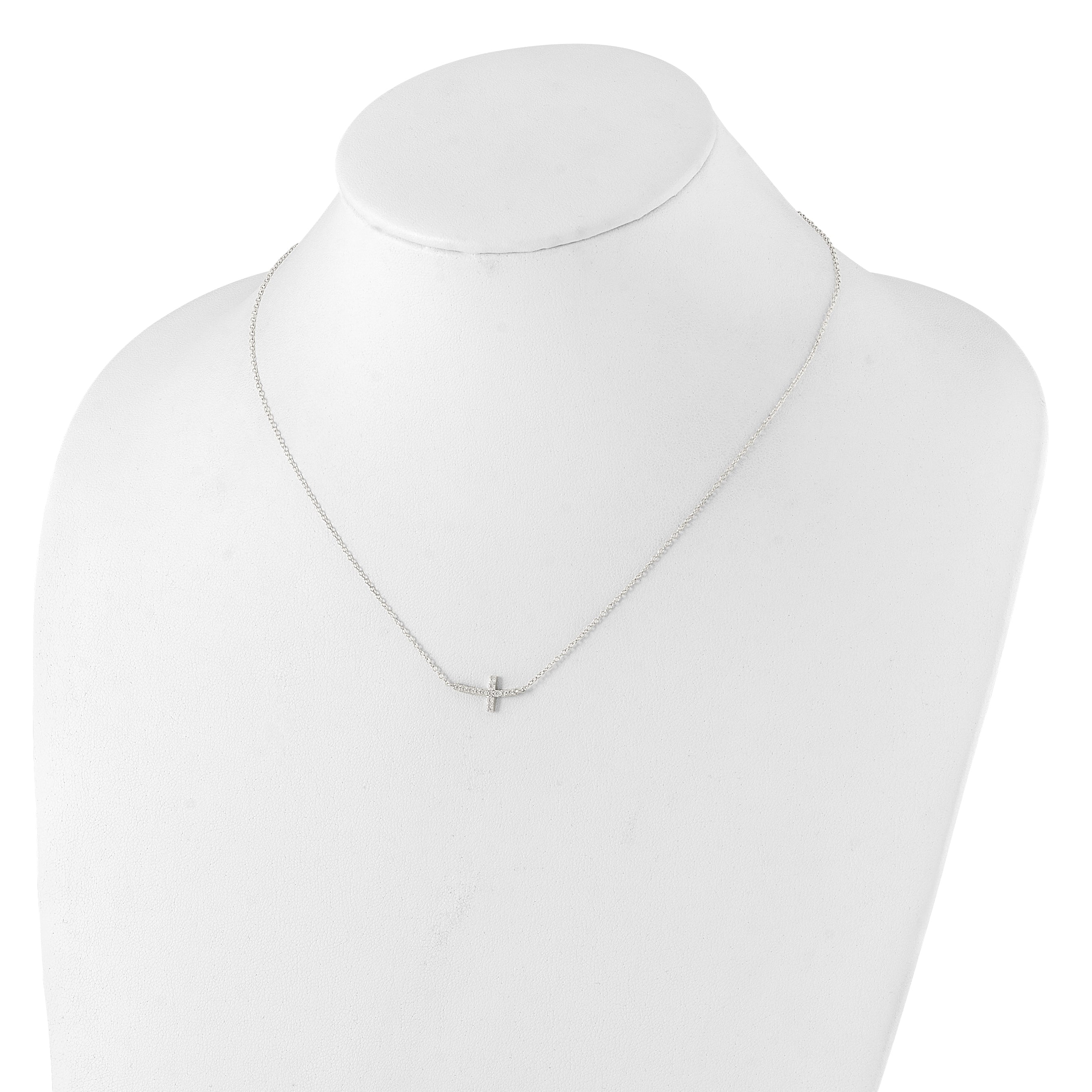 Sterling Silver Rhodium-plated CZ Sideways Cross With 2in Ext Necklace
