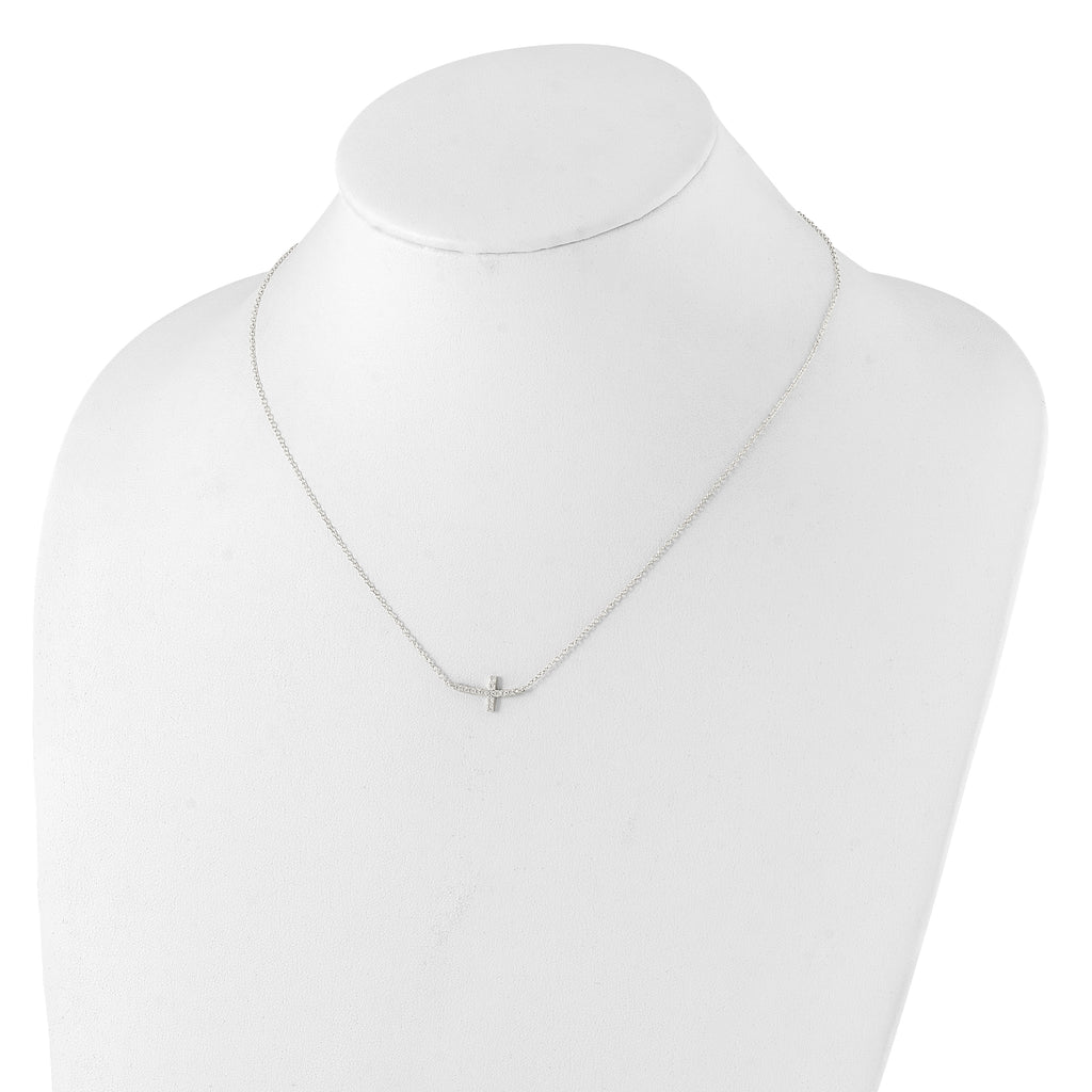 Sterling Silver Rhodium-plated CZ Sideways Cross With 2in Ext Necklace