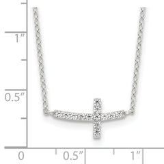 Sterling Silver Rhodium-plated CZ Sideways Cross With 2in Ext Necklace