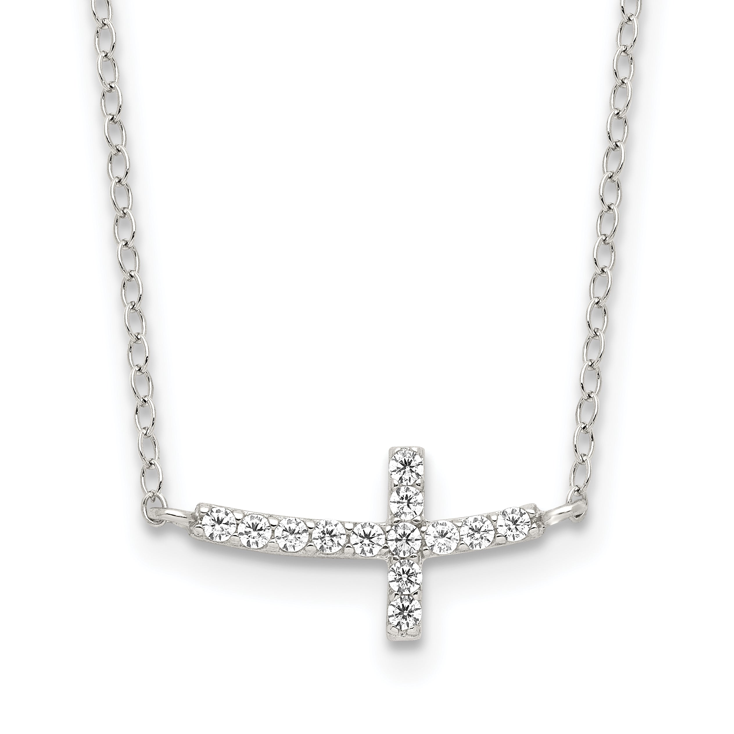 Sterling Silver Rhodium-plated CZ Sideways Cross With 2in Ext Necklace Main image