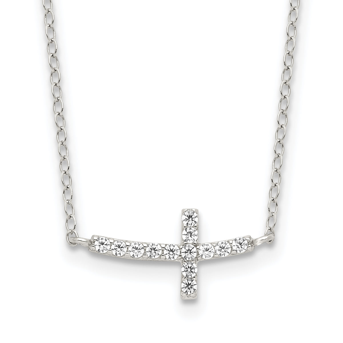 Sterling Silver Rhodium-plated CZ Sideways Cross With 2in Ext Necklace