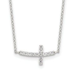 Sterling Silver Rhodium-plated CZ Sideways Cross With 2in Ext Necklace