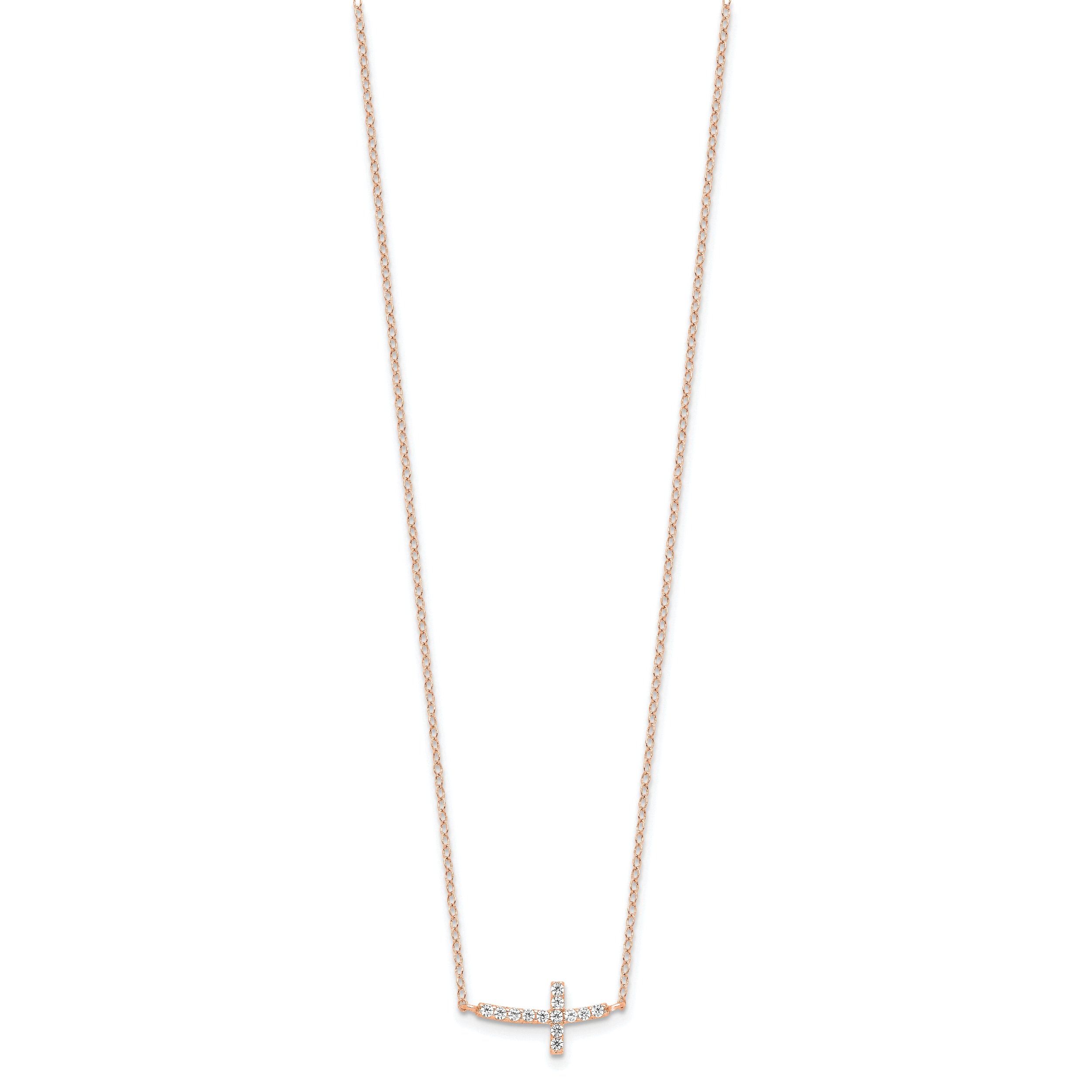 Sterling Silver Rose Gold-plated CZ Sideways Cross With 2in Ext Necklace