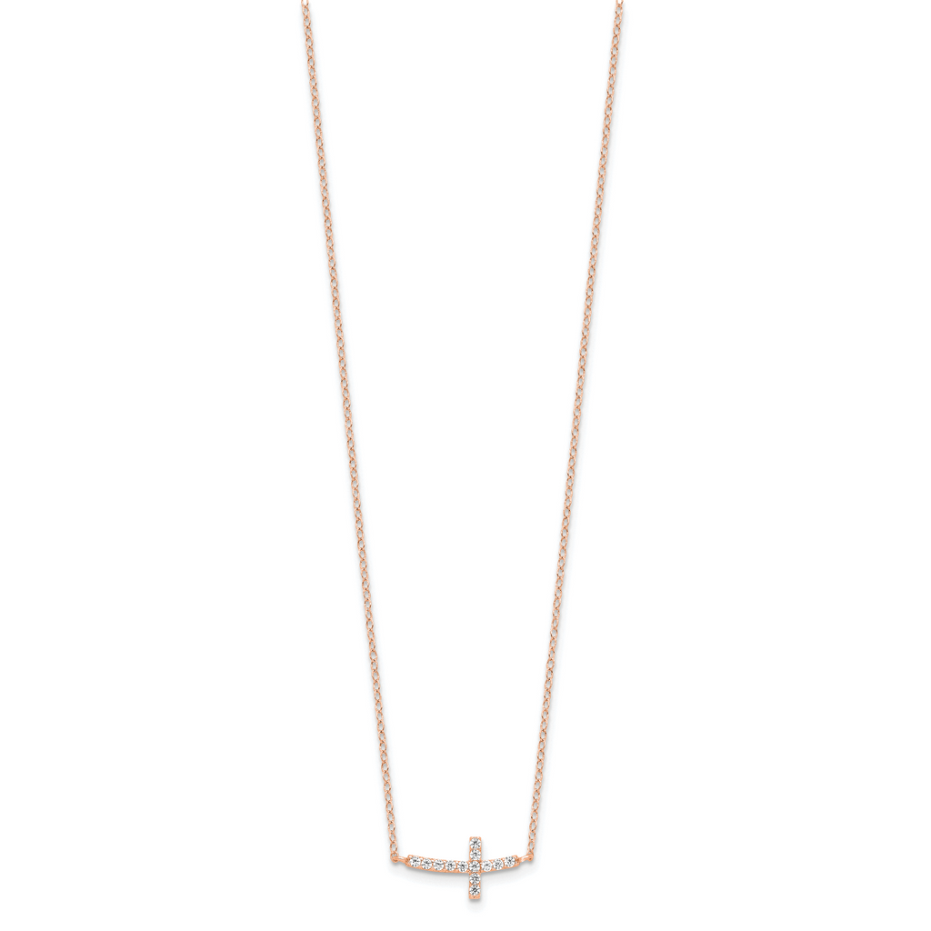 Sterling Silver Rose Gold-plated CZ Sideways Cross With 2in Ext Necklace