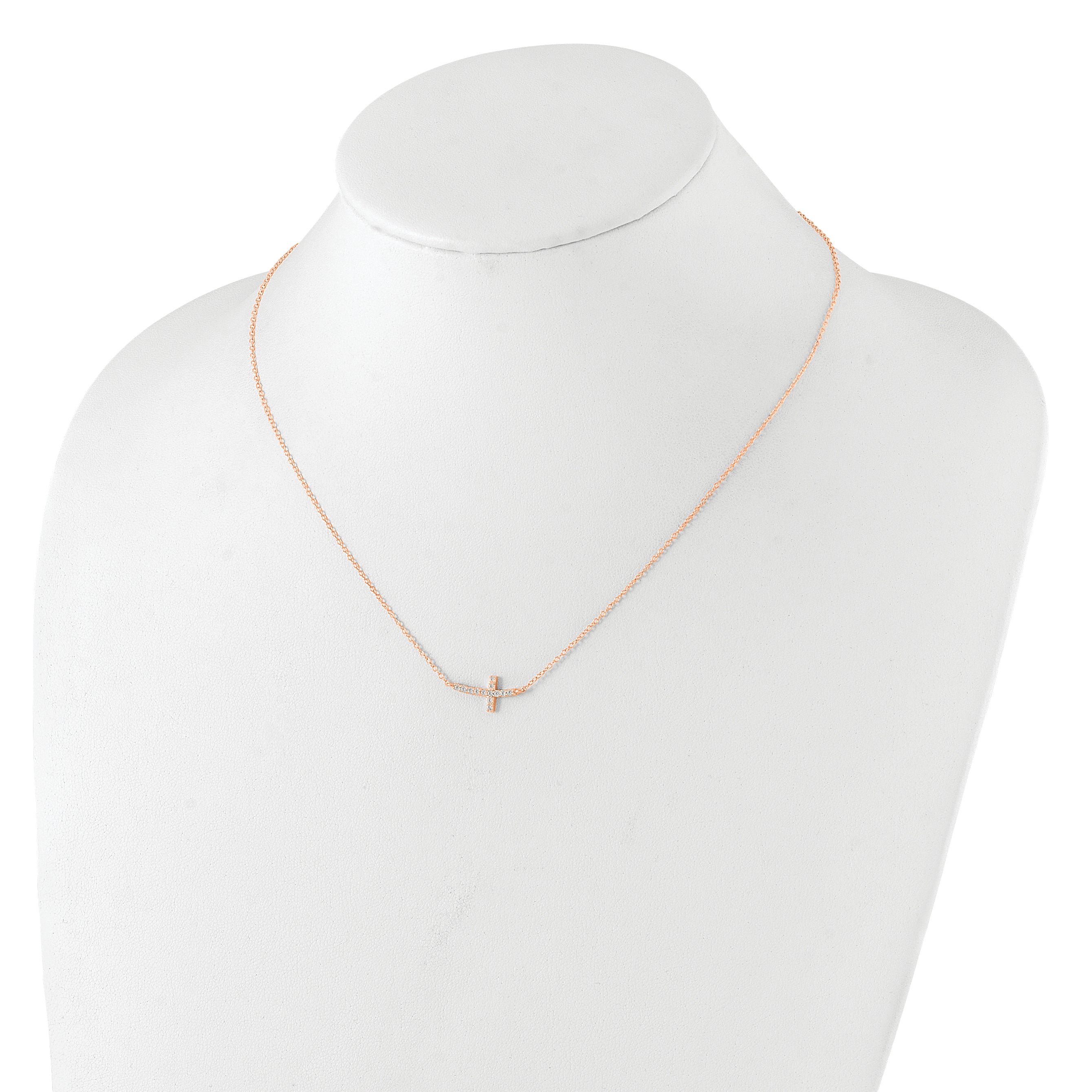 Sterling Silver Rose Gold-plated CZ Sideways Cross With 2in Ext Necklace